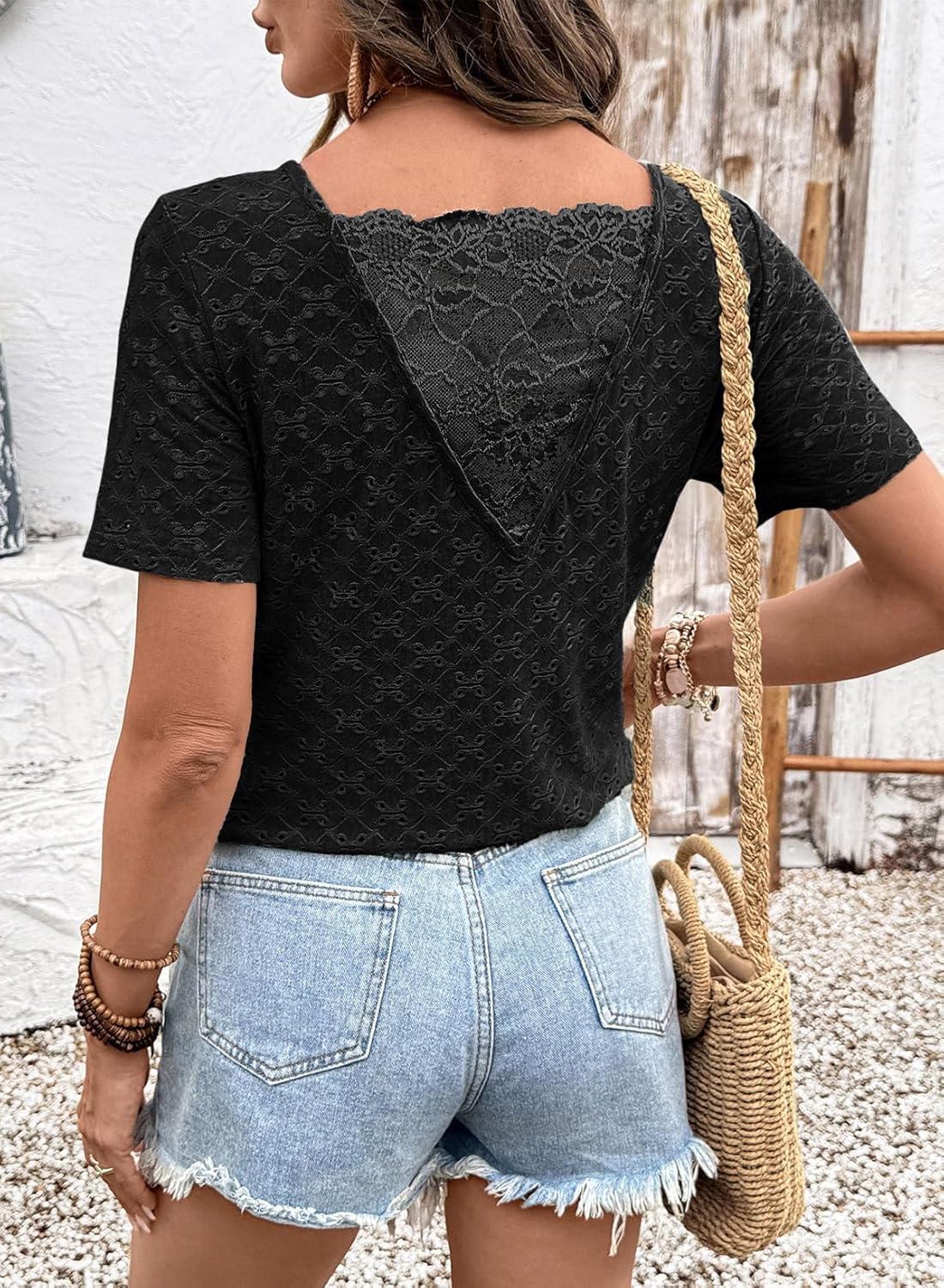 Dokotoo Women's Casual Crewneck Short Sleeve Hollow Out Lace Shirts Summer Eyelet Tunic Tops Blouses - Image 2