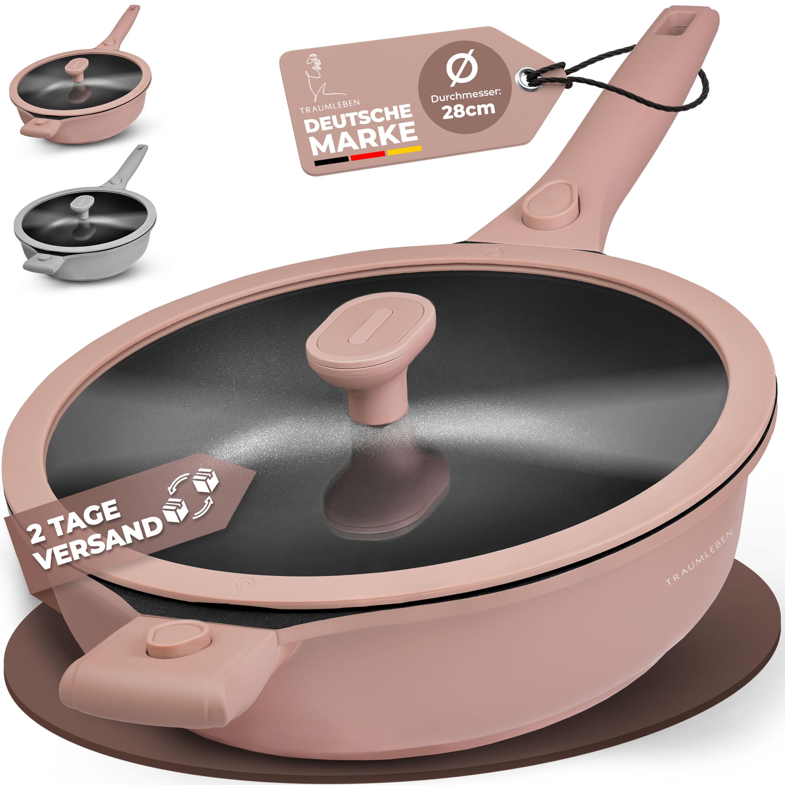 TRAUMLEBEN Bratpfanne 28 cm mit Deckel, abnehmbare Griffe & Hitzeindikatoren