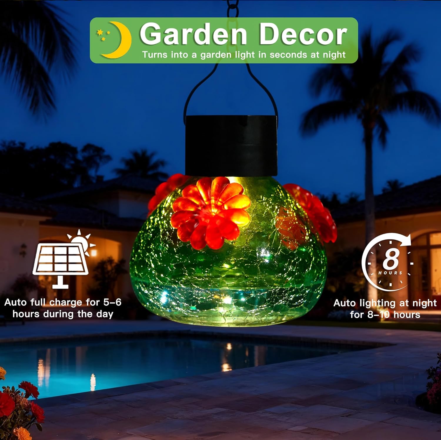 VOREEN 17oz Solar Hummingbird Feeder with LED Light, Green-Blue Ombre Crackle Glass Nectar Bottle, Waterproof, Easy-Clean Wide Mouth & Rust-Proof Silicone Ports for Outdoor Garden, Yard, Patio