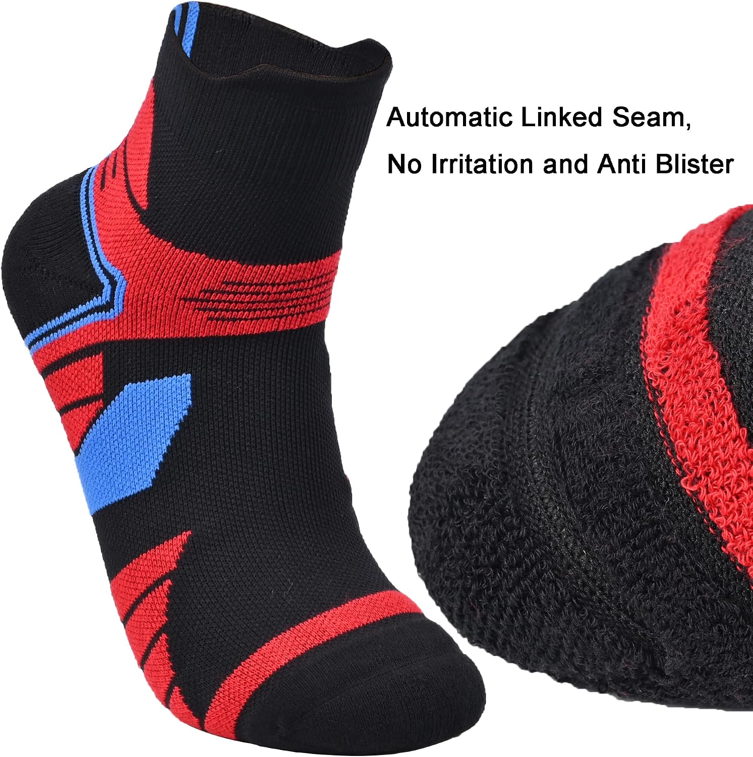 Mens and Womens 5 Pairs Red Padded Anti Odor Blister Proof Seamless Low Cut Cotton Running Socks