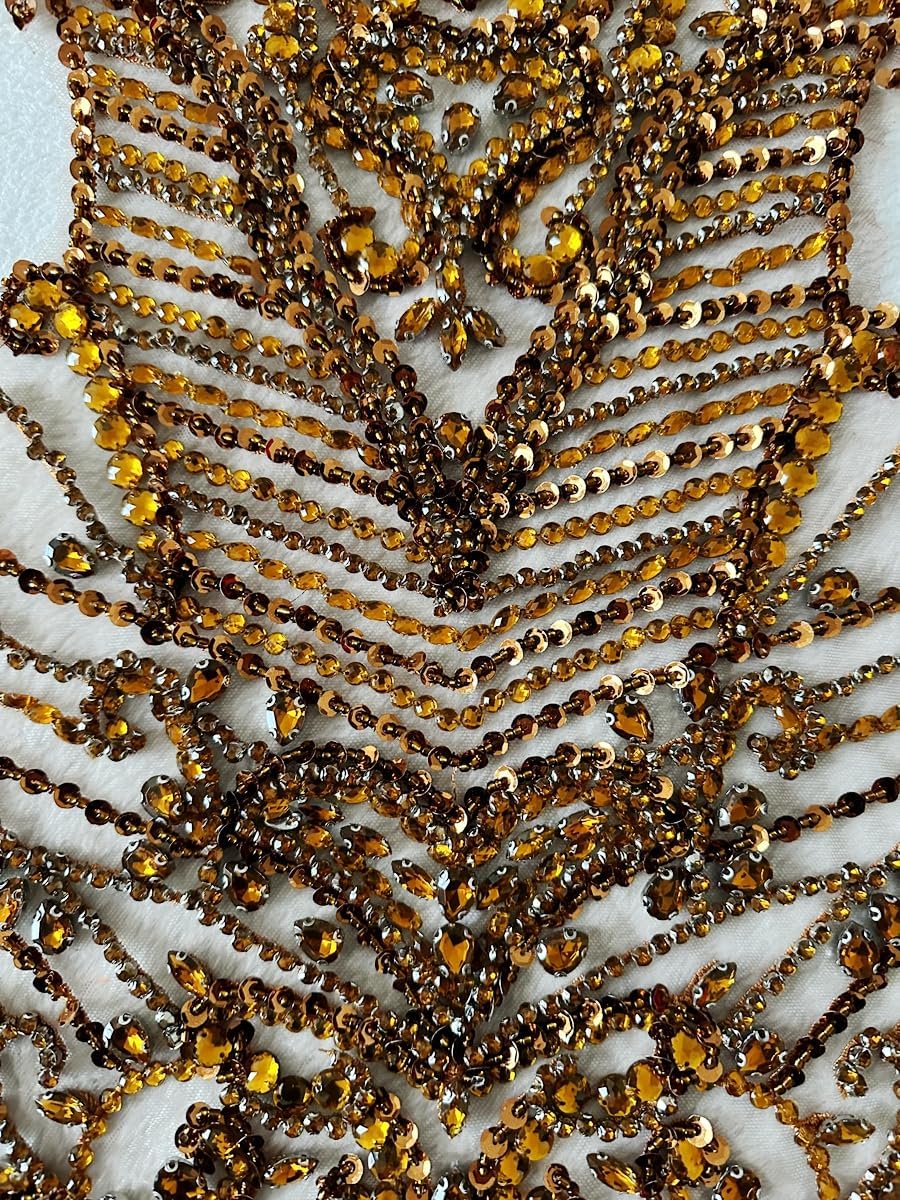 Large Size Rhinestones Beads Bodice Applique handsewing Shining Acrylic Stones Trim lace Patches for Wedding Graduation Dress Accessories 31X13.7inches (Brown)