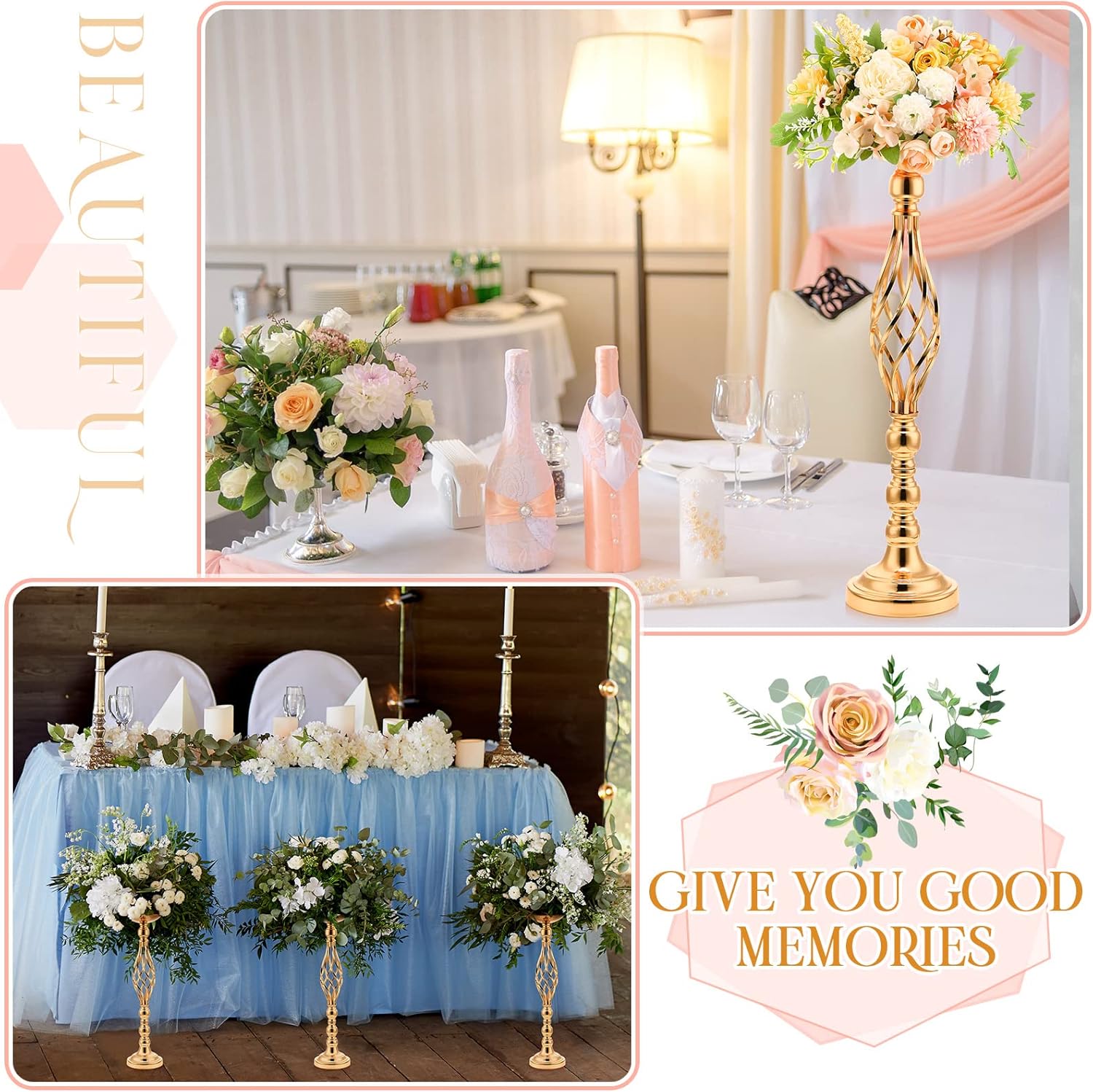 Rtteri 20 Pcs Large Wedding Centerpiece Table Decorations Tall Metal Flower Arrangement Stand Elegant Flower Vase Candle Holder for Wedding Reception Table Party Event Hotel Home Decor(Gold)