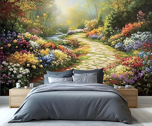 Miniatura 13 de Mural de pared 3D de pintura al óleo para jardín, mural de pared 3D de jardín de cabaña europea, mural de papel tapiz de bosque que explota de Fondo