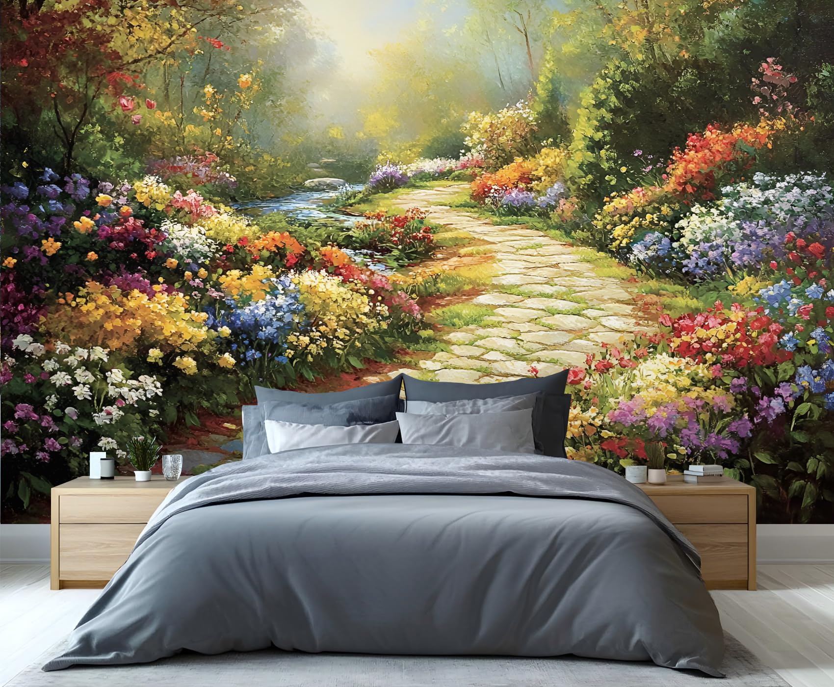 Sunlit Garden Path Wall Mural, Colorful Floral Forest Trail 3D Wall Mural, Spring Nature Wallpaper Mural, for Living Room Bedroom Large Wallpaper Indoor Decor 78.7" W x55.1 H