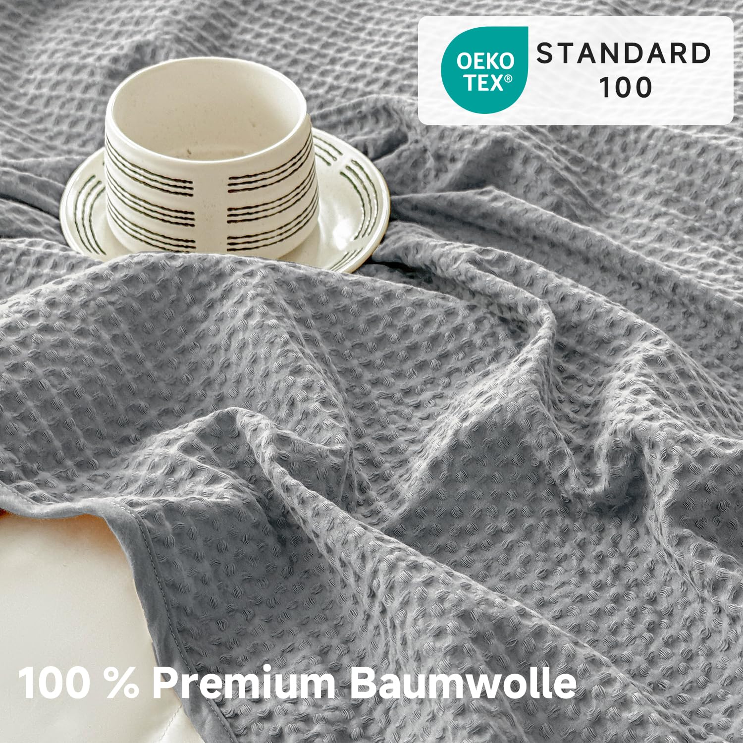 Simple&Opulence 100% Baumwolle Waffledecke Kuschedecke 150x200cm, Atmungsaktiv und Hautfreundlich, Oeko-TEX Zertifiziert Alljahresdecke für Sofa Bett Wohnzimmer, Grau