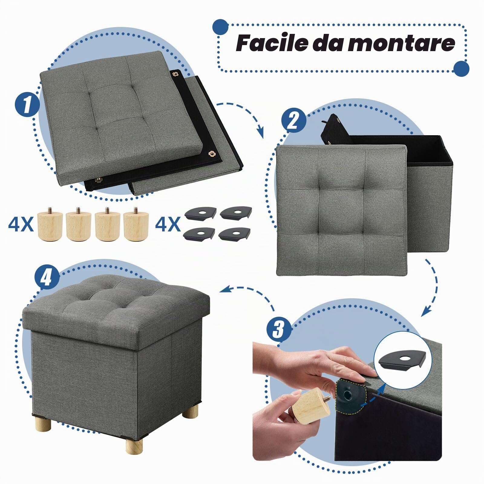 BRIAN & DANY Pouf Cubo Poggiapiedi Sgabello Contenitore Cassapanca Pieghevole 38 x 38 x 40 cm, Grigio