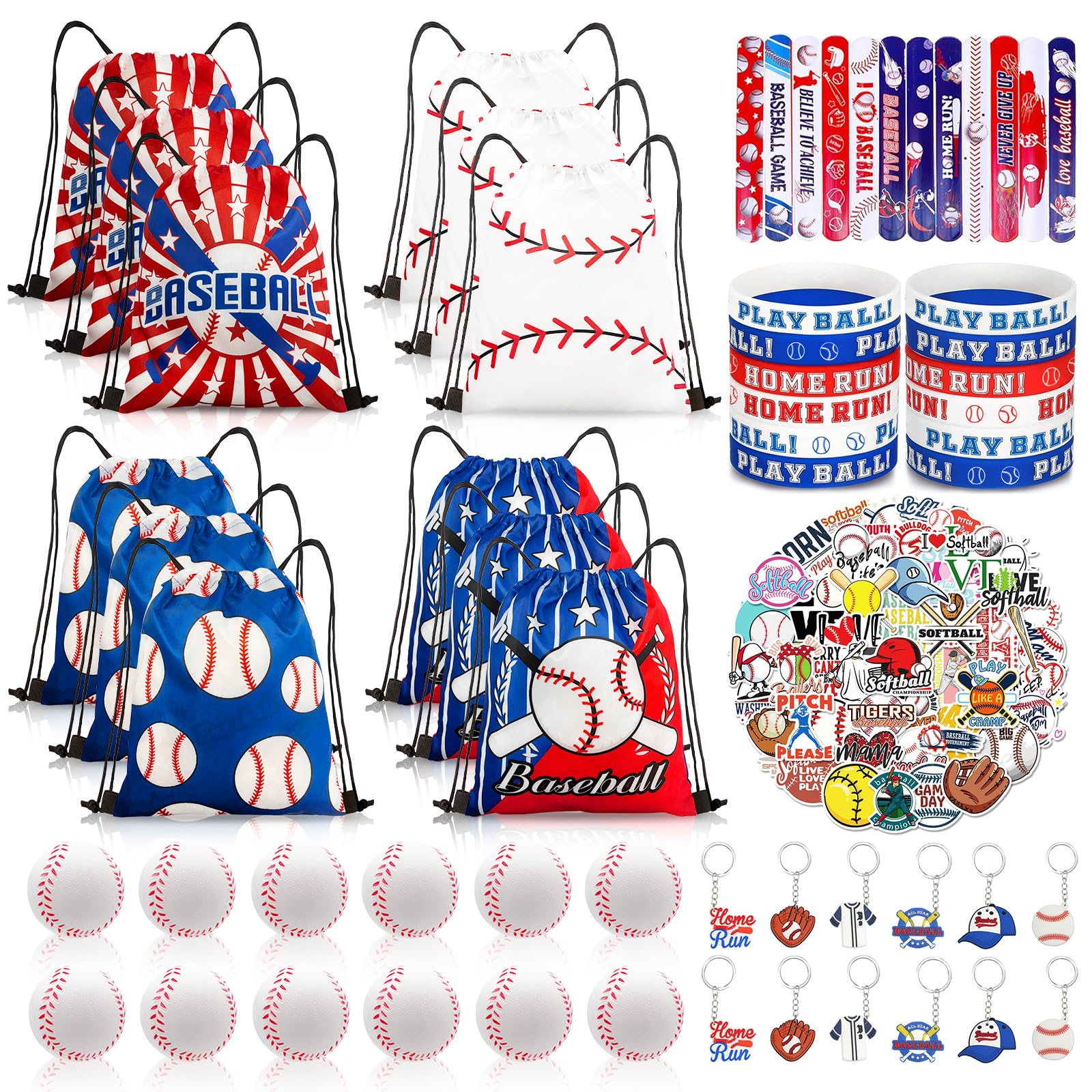 Yeepestmi 110Pcs Baseball Party Favors Drawstring Bags Baseball Goodie Bag with Mini Ball, Wristband, Slap bracelets, Keychains, Stickers for Baseball