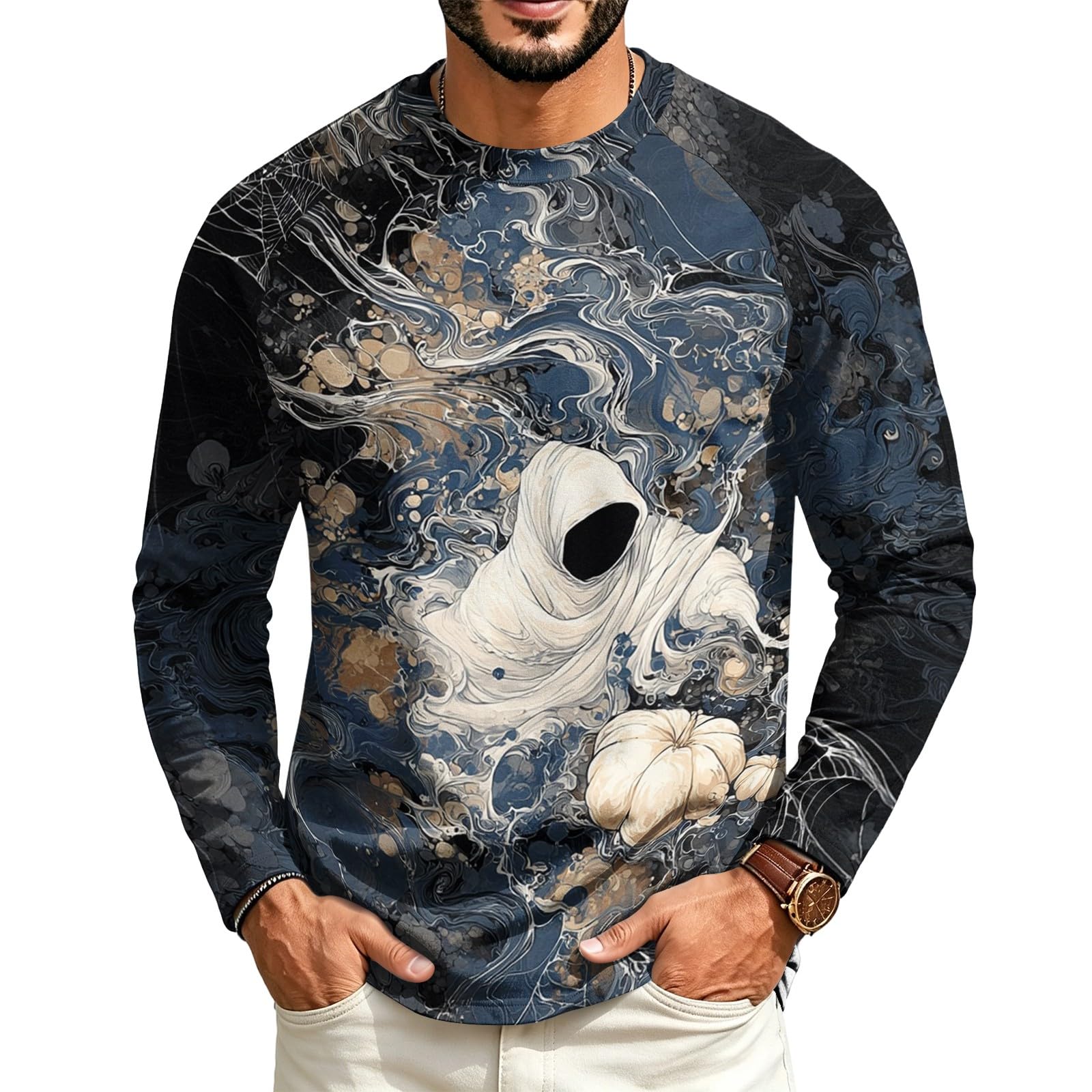 Halloween Crew Neck Shirts Costumes for Men Long Sleeve Fit Pumpkin Ghosts Print Casual Fashion Tops 2026，03-Dark Gray 3XL — image 1