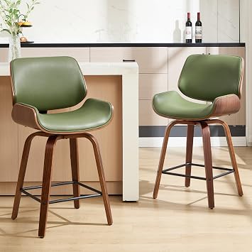 Swivel Bar Stools Set of 2,24" Upholstered Faux Leather Barstools,Mid Century Modern Counter Height Barstools with Walnut Bentwood Back & Legs,Bar Chairs for Kitchen Island Counter Bar Green