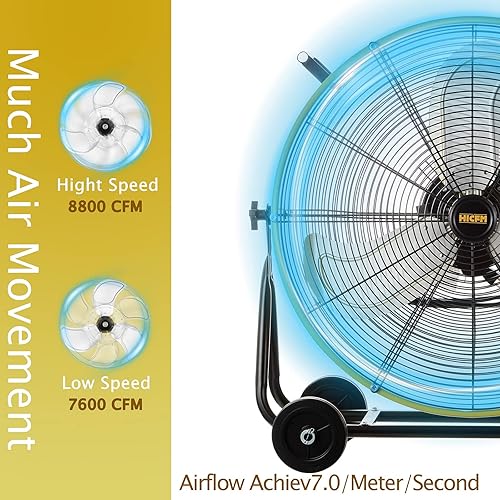 Miniatura 2 de HiCFM Ventilador de tambor industrial de 61 cm, 8800 CFM de alta velocidad, ventilador de aire de metal resistente de 3 velocidades con ruedas para