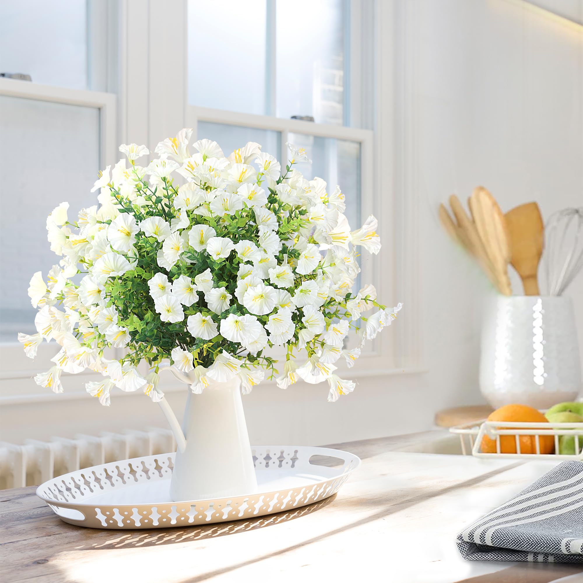 Künstliche Blumen für den Außenbereich, 12 Bündel, realistische Kunstpflanzen, UV-beständig, Kunstseide, Morgenglory mit Eukalyptus, für Haustür, Pflanzgefäß, Terrasse, Veranda, Außenbereich, Frühling