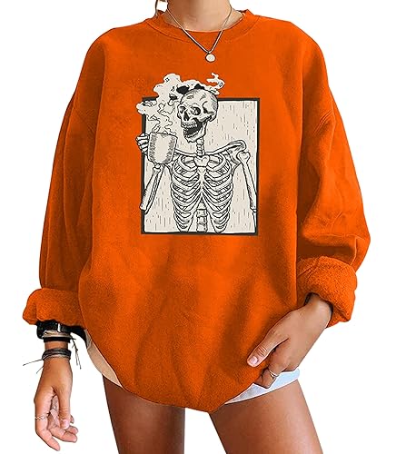 Meladyan womens Halloween Skull Graphic Print Fleece Oversized Sweatshirt Crewneck