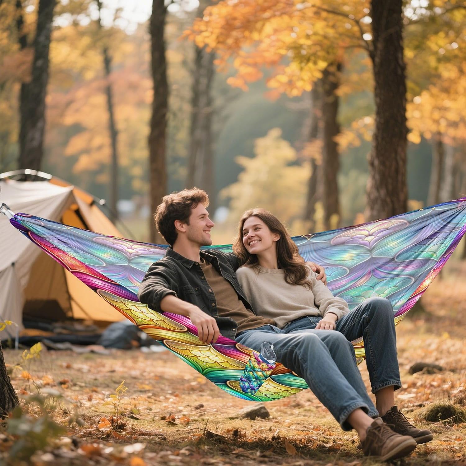 ALAZA Rainbow Mermaid Scale Colorful Camping Hammocks Single or 2 Person 500 lbs Portable Parachute Travel Hammock w/Tree Straps for Hiking Backpacking Indoor Outdoor