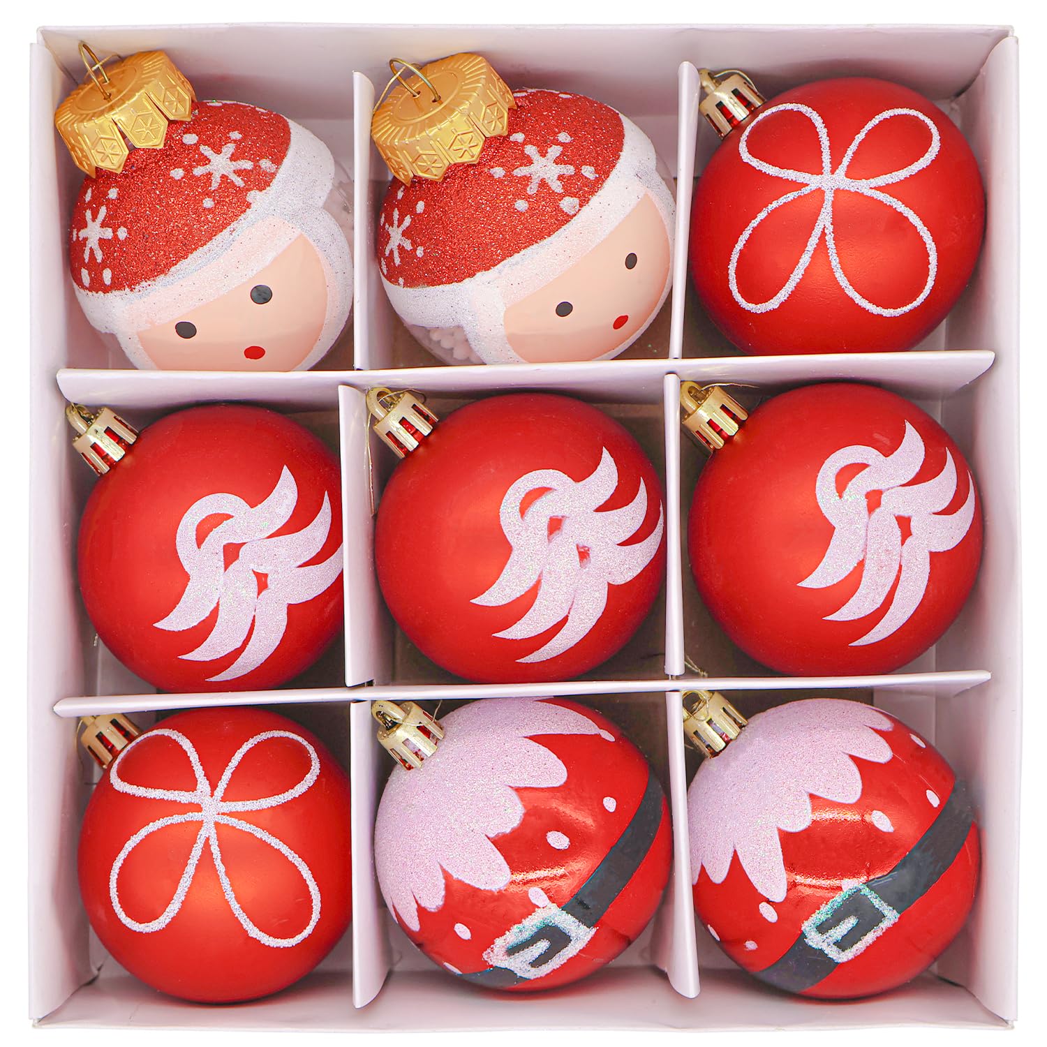 9PCS 6CM Christmas Baubles, Christmas Ball Tree Ornaments, Red White Hanging Decorations Set Glitter Baubles for Holiday and Party Decor