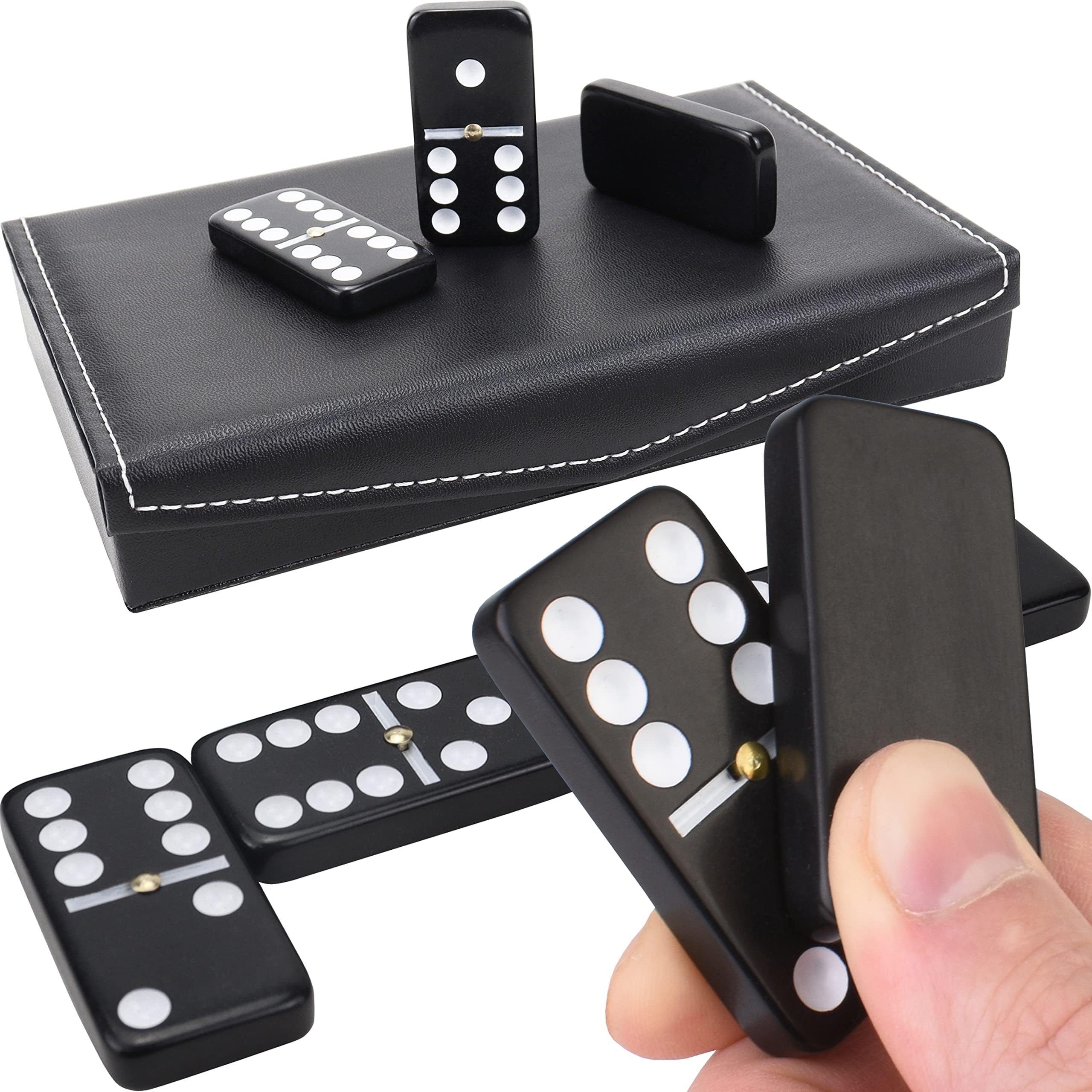 Queensell Dominos Set for Adults and Kids - Dominoes - Domino Classic Board Games, Halloween Games, Christmas Games – Double Six Standard Dominos Set 28 Tiles with Black Leather Case - Juegos de Mesa
