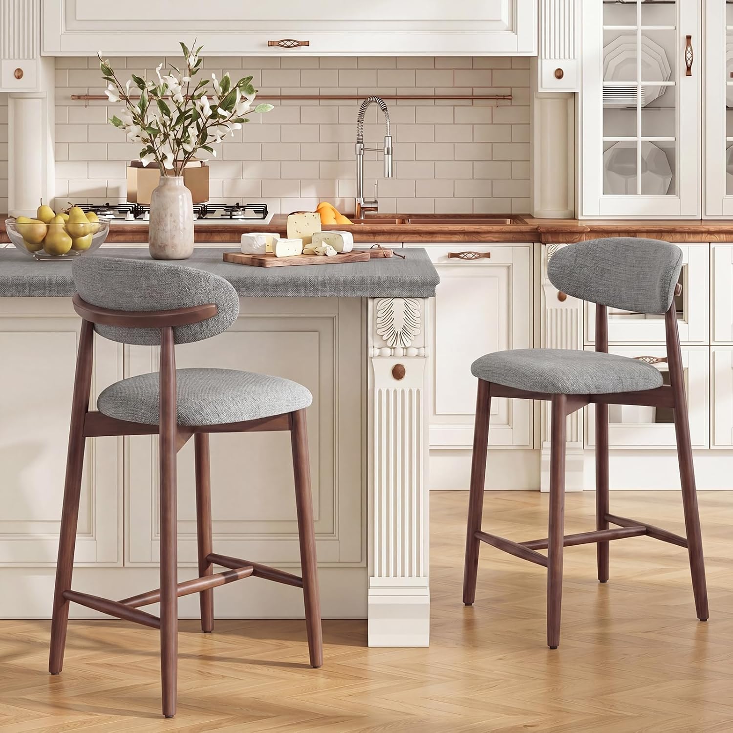MALOL Counter Height Bar Stools Set of 2, Kitchen Bar Stools with Back, Mid Century Modern Upholstered Barstools with Wood Legs for Kitchen Island Dining Room, Light Grey