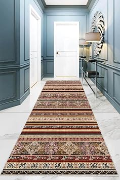 Pelangi Otantik Kilim Desenli Etnik Dijital Baskı Yıkanabilir Modern Salon Halı ve Yolluk, Bordo-Kahve 40 x 40, 955432140407