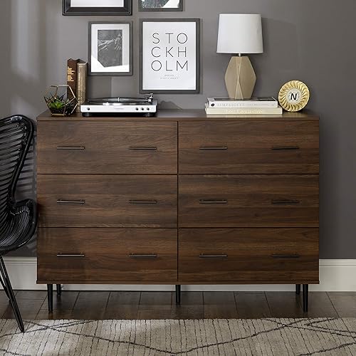 Walker Edison Mila Modern 6 Drawer Storage Buffet, 52 Inch, Dark Walnut