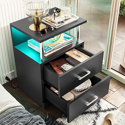 Miniatura 4 de VIAGDO Juego de 2 mesitas de noche LED con estación de carga y puertos USB, mesita de noche negra con 2 cajones, mesas auxiliares modernas con