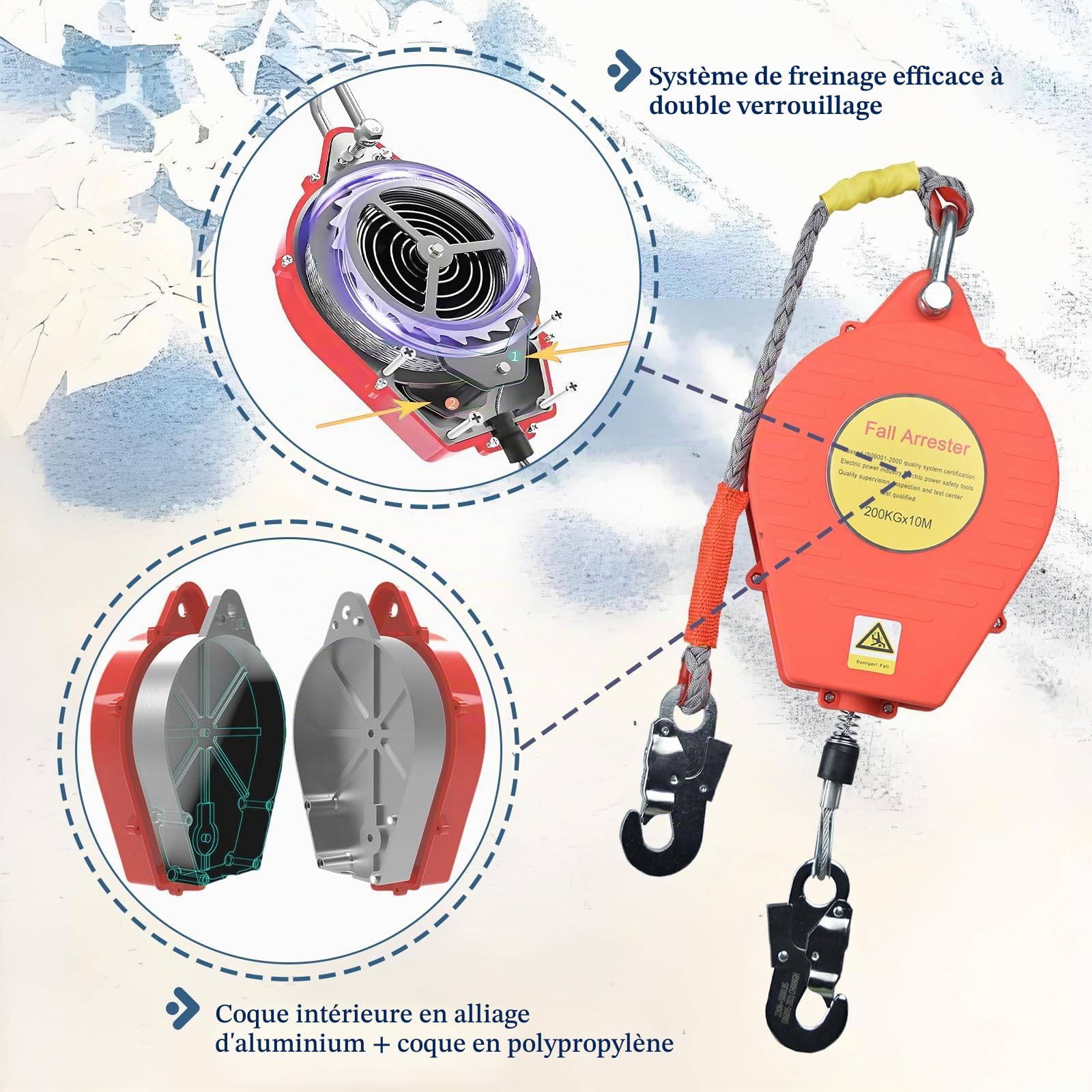 Harnais de Securite Anti Chute Rétractable, 200kg Dispositif Antichute a Rappel Automatique Rouge, 10m Retractable Harnais Anti chute Professionnel Toiture/Travaux Aériens