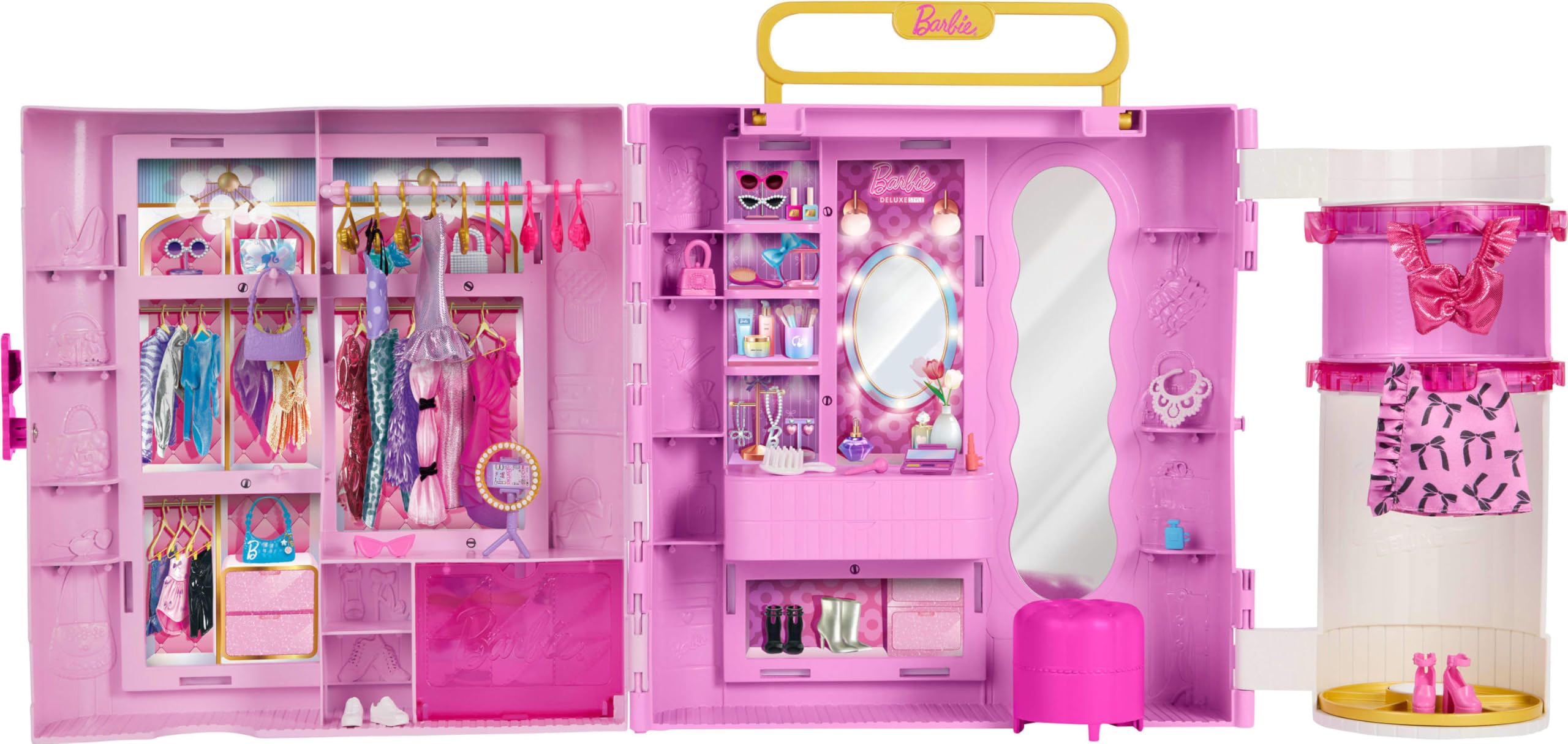 Barbie-Kleiderschrank mit Ankleidezimmer zum Drehen und Stylen, Schminkbereich mit Ottomane und Ringbeleuchtung, 4 Kleidungsstücke, 20+ Teile und tragbare Aufbewahrung, JNR16