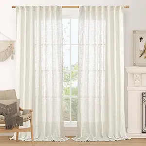LAMIT Extra Wide Linen Curtains for Bedroom, Cream Light Filtering Faux Linen Textured Panels Semi Sheer Back Tab and Rod Pocket Boho Drapes for Living Room, 2 Panels, 60 x 84 Inch