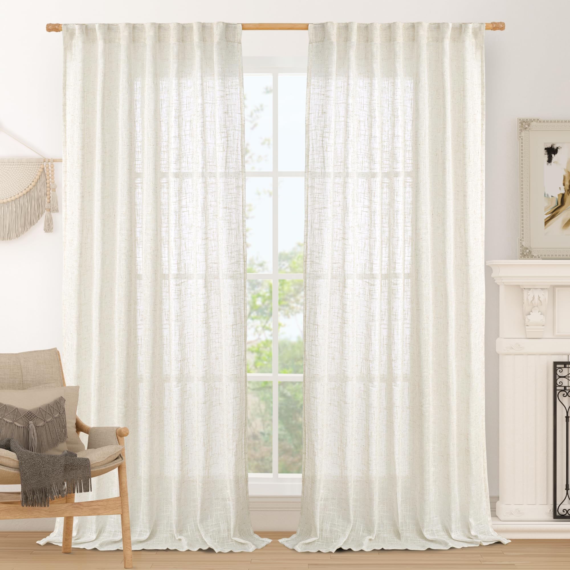 LAMIT - Linen Semi Sheer Curtains Natural Look Light Filtering Back Tab Rod Pocket Window Drapes for Bedroom Living Room Door 2 Panels Set, 60" x 84", Ivory White