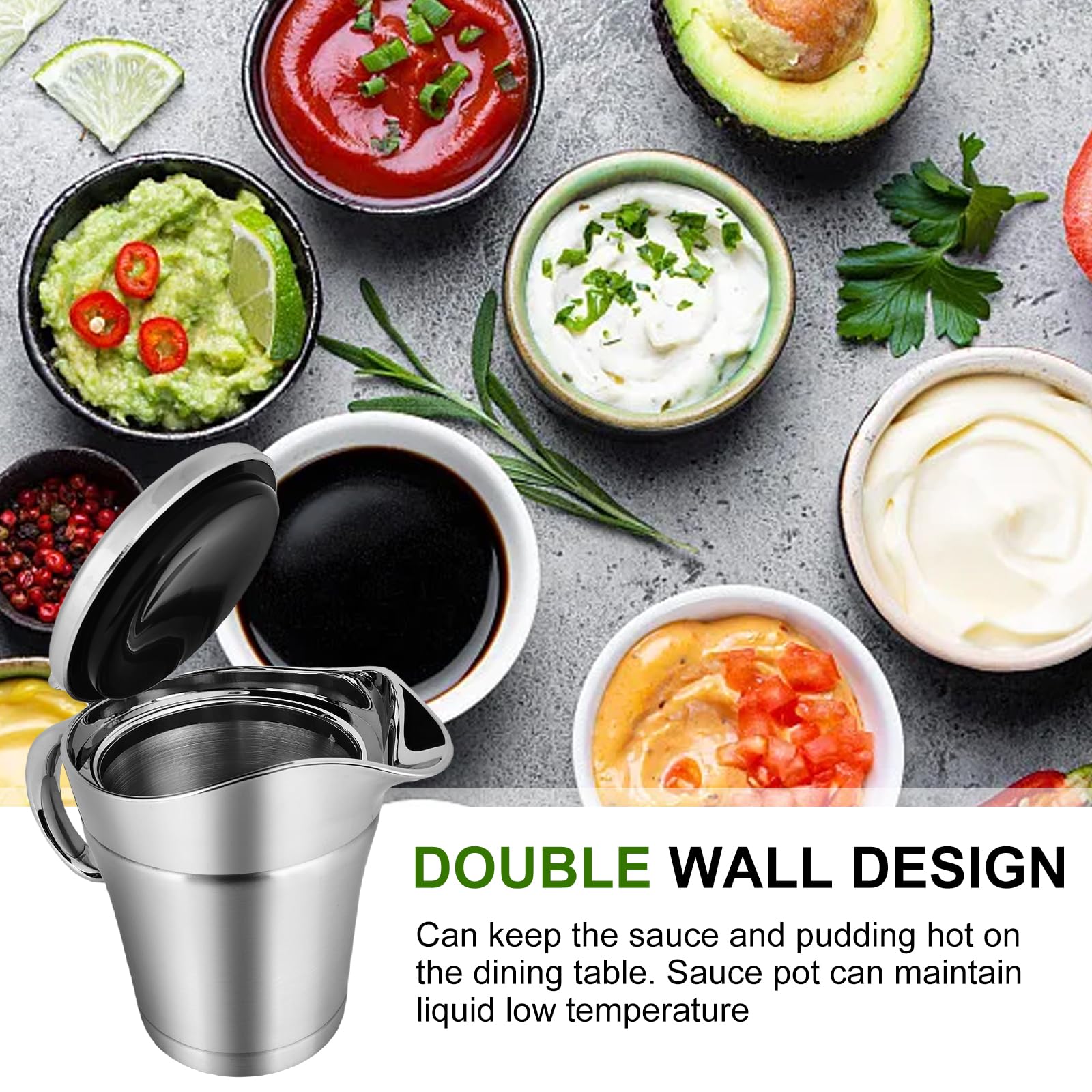 450 ML Edelstahl Thermo Sauciere: Sauciere Soßenkanne mit Klappdeckel und Henkel, Soßenspender Doppelwandig Soßenkanne Milchkännchen, für Servieren von Soße, Vanillesoße, Sahne, Soße