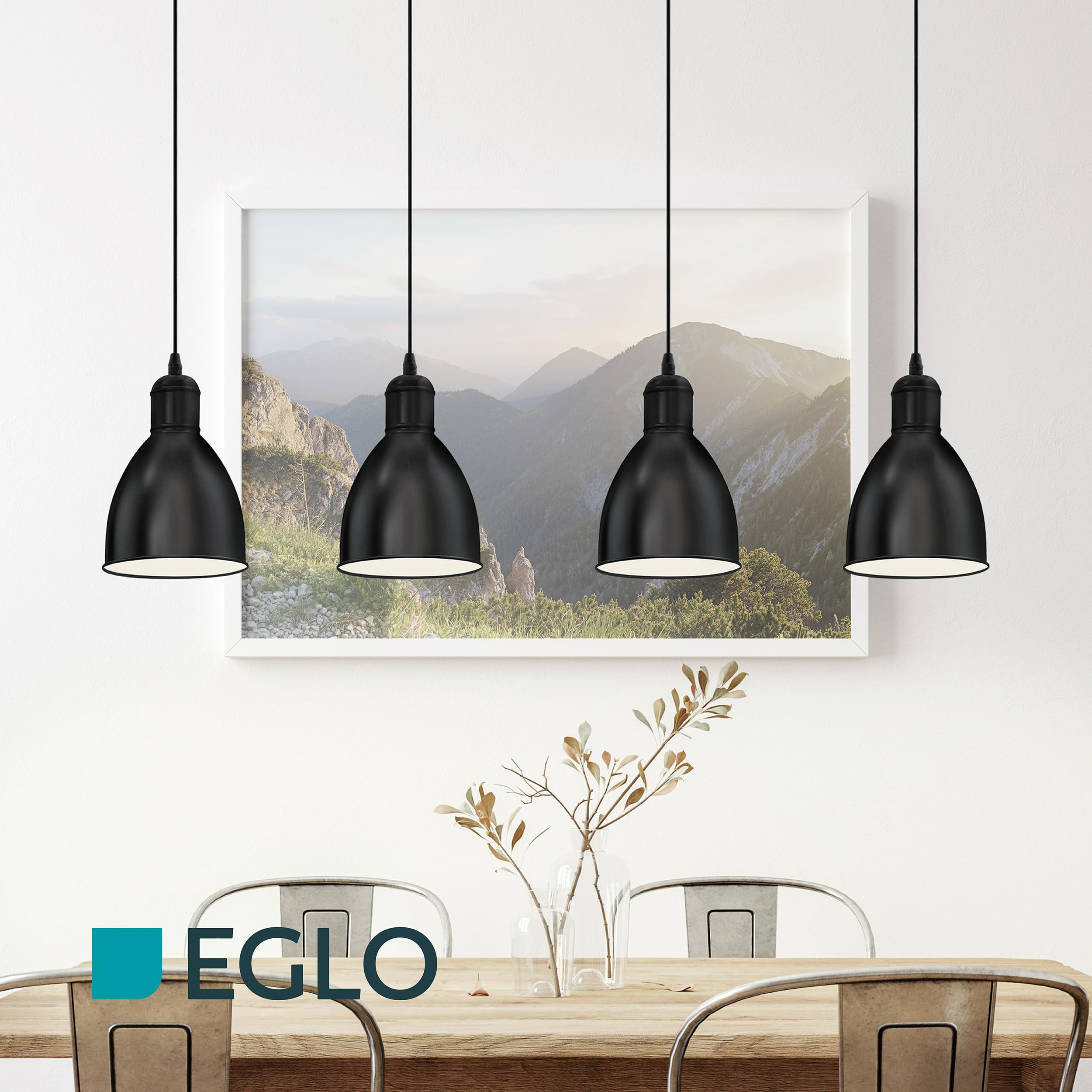 EGLO Pendellampe Priddy 4 flammige Vintage Pendelleuchte | im Industrial Design, Retro Hängelampe aus Stahl, Farbe: Schwarz, weiß, Fassung: E27