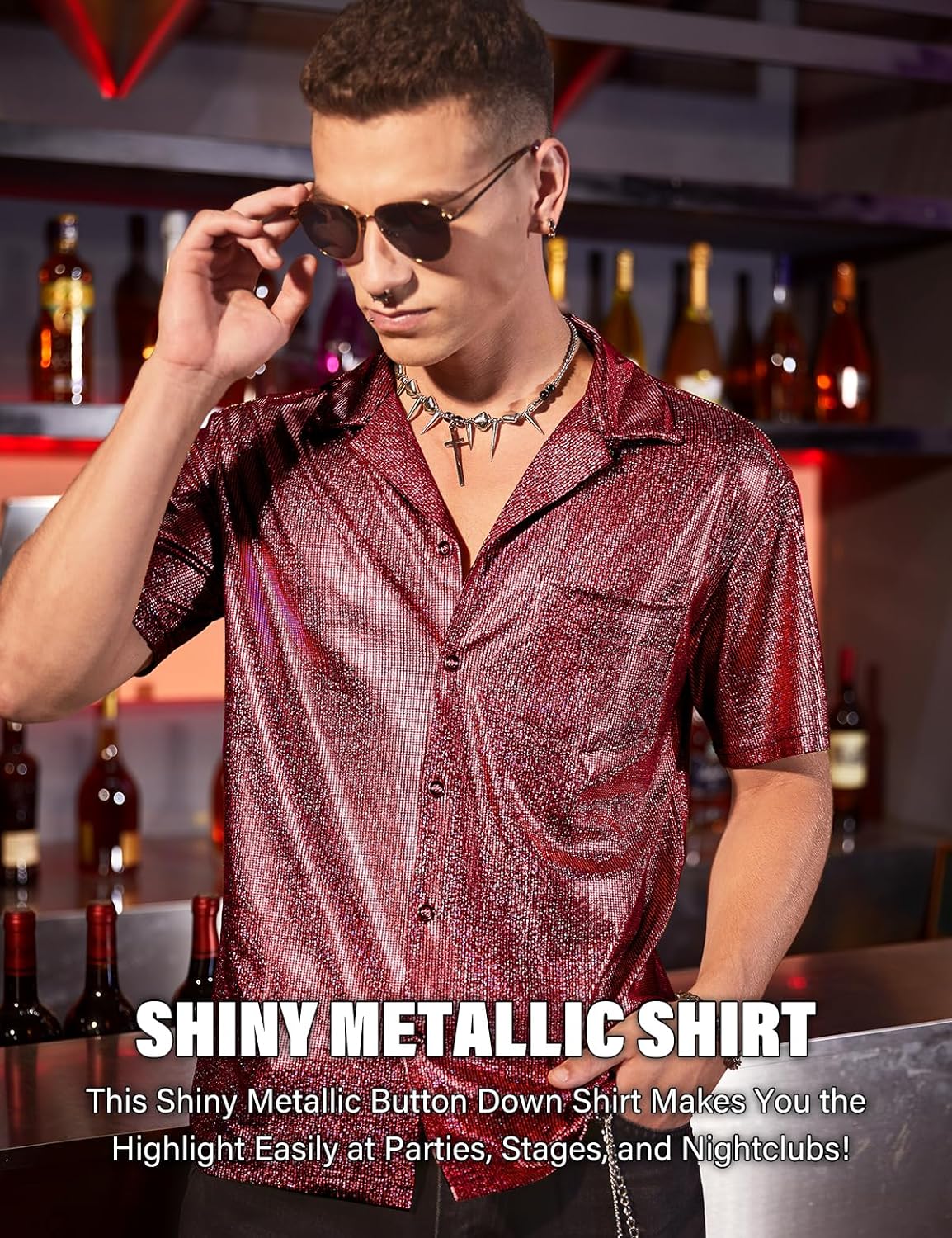 Casey Kevin Men's Short Sleeve Collared Metallic Shirts Button Down Reflective Sequin Rave Outfit Holographic Disco Top