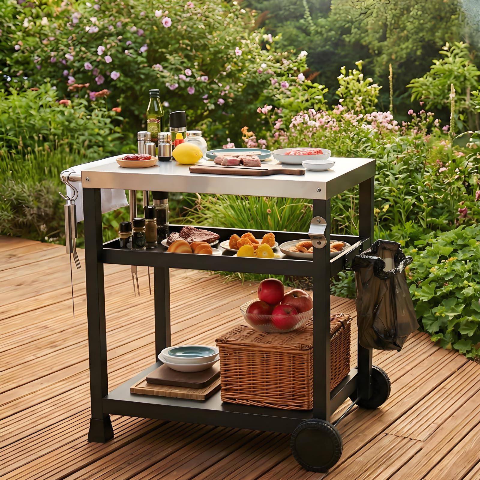 LIFERUN Carro de Barbacoa Acero Inoxidable, Mesa de Barbacoa Exteriores con 2 Ruedas Ganchos, Carrito de BBQ Cocina Servicio, Mesa Auxiliar Superficie Trabajo INOX, Carrito de Cocina, terraza y jardín