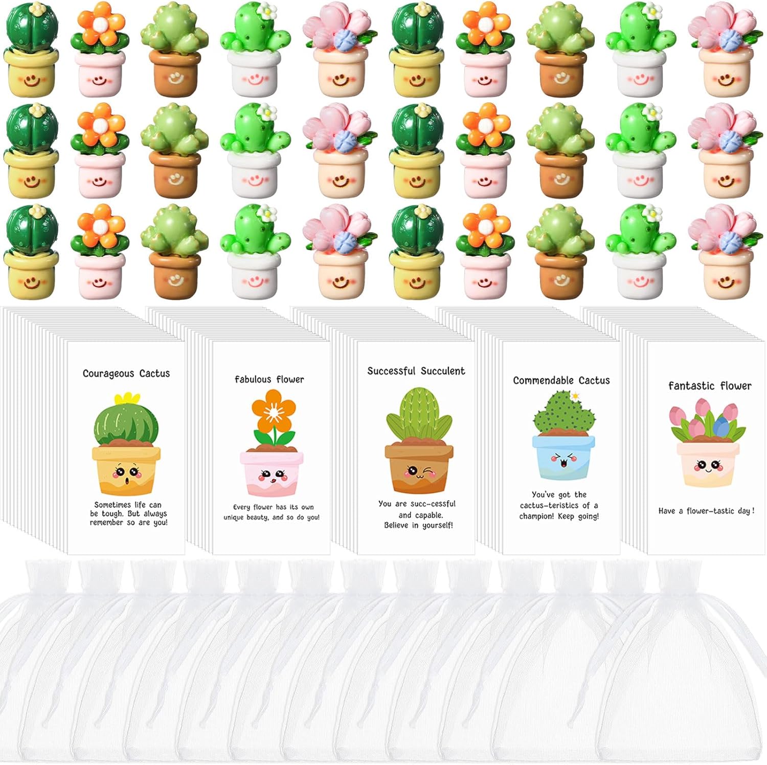Chunful Employee Appreciation Gift Bulk for Coworkers Resin Flower Pot Pun Inspirational Notecards Organza Bags Teacher Thank You Staff Gift Commendable Cactus Flower Succulent Office Favors(100 Set)