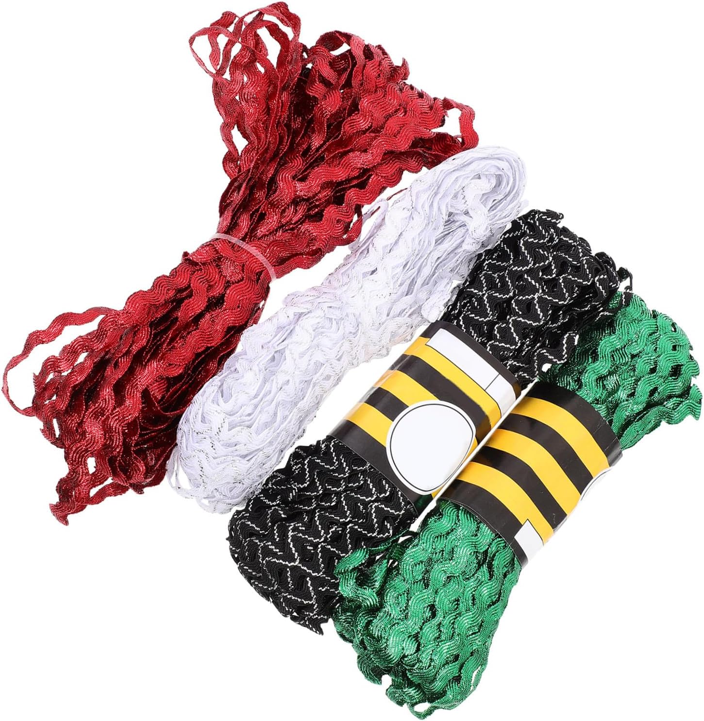 Holibanna 4 Rolls 5mm Rickrack Ribbon Trim Set for Sewing and DIY Crafts, Waving Bending Fringe Ribbon in Red Green White Black White, Decorative Rick Rack for Dressmaking and Wrapping
