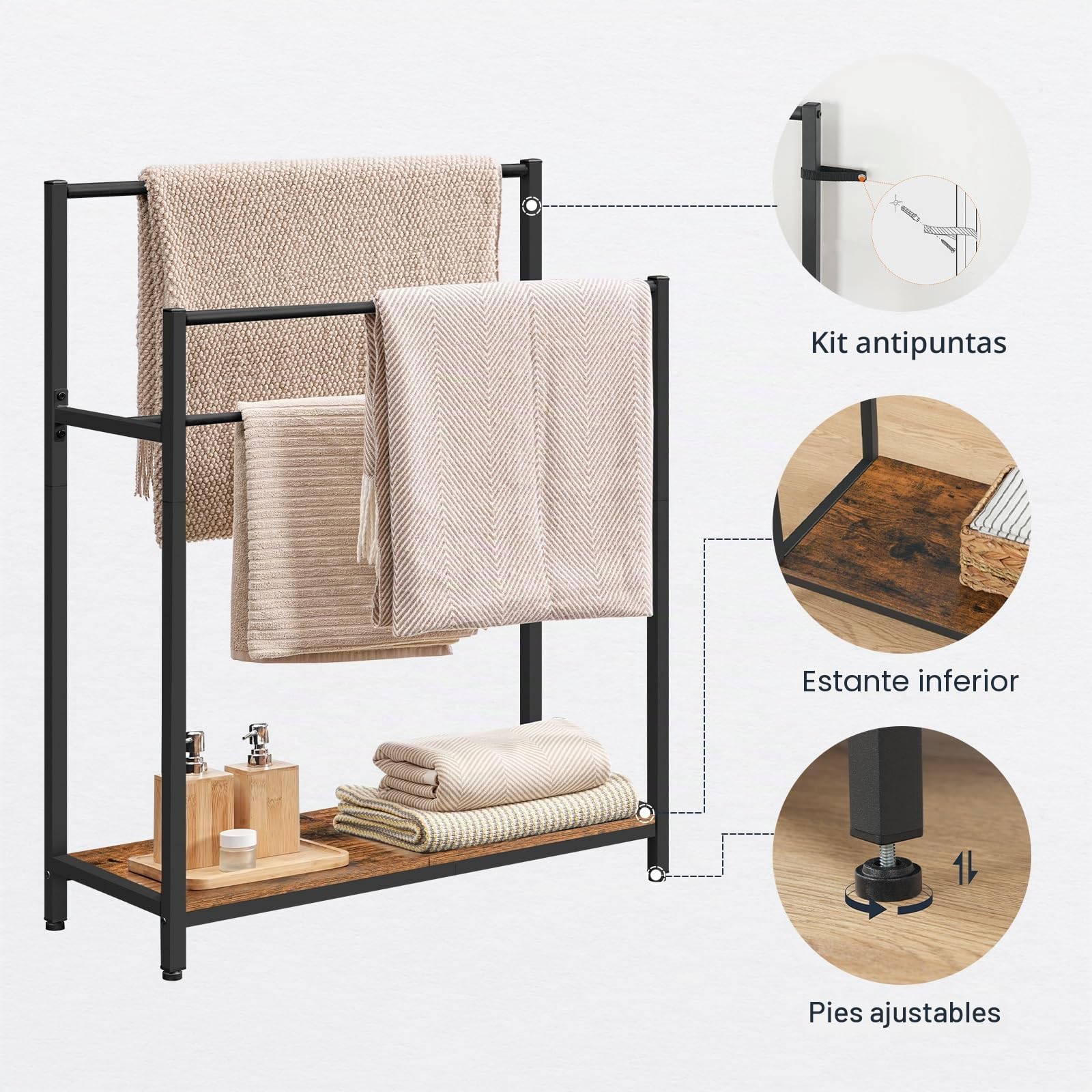 HOOBRO Toallero de Pie 3 Niveles, Soporte para Mantas con Estante, Baño, Exteriores, Negro y Marrón Vintage