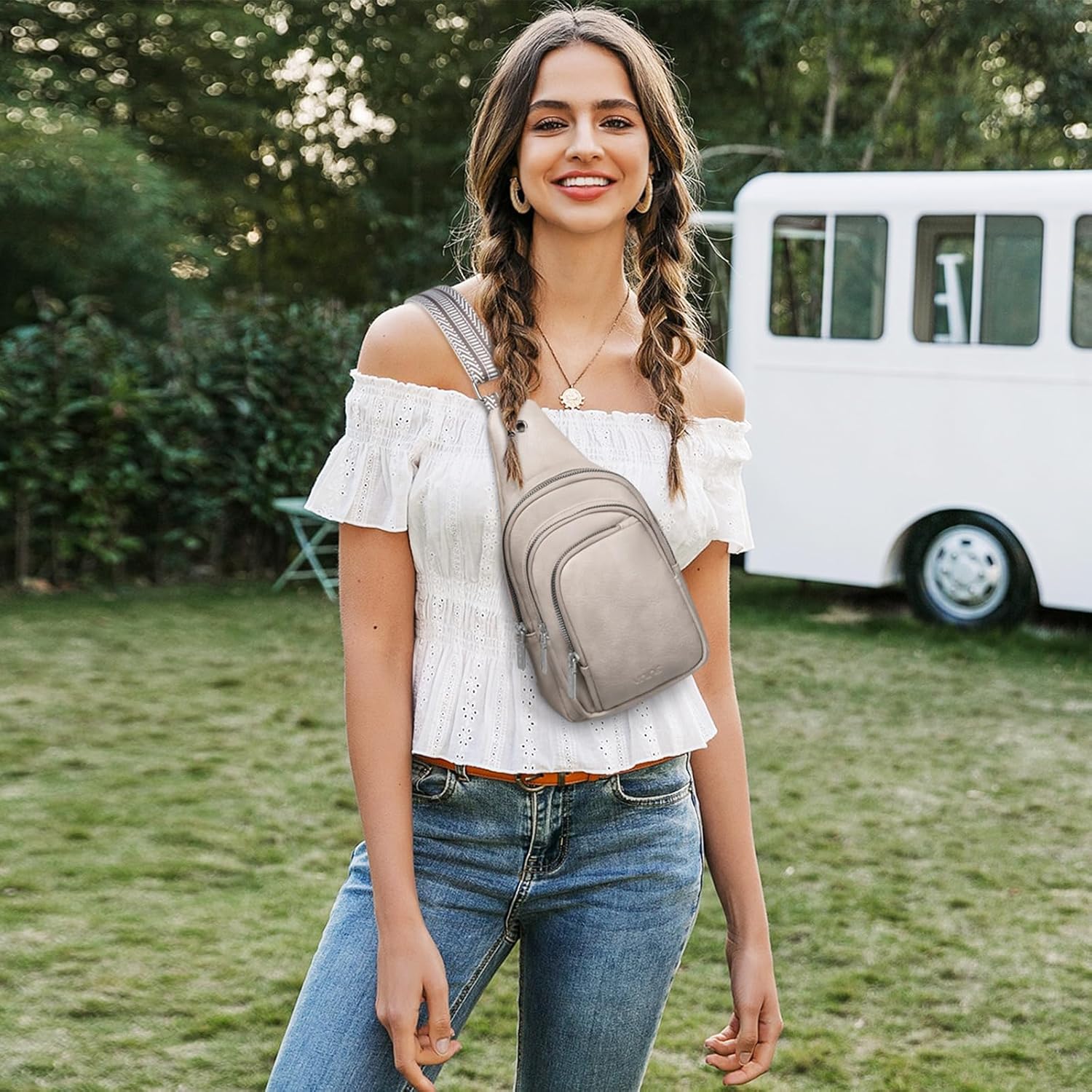 VNINE Sling Bag Crossbody Bags for Women: Leather Small Sling Backpack with 3 Pocket Fanny Packs Chest Bag for Dating Travel - Image 2