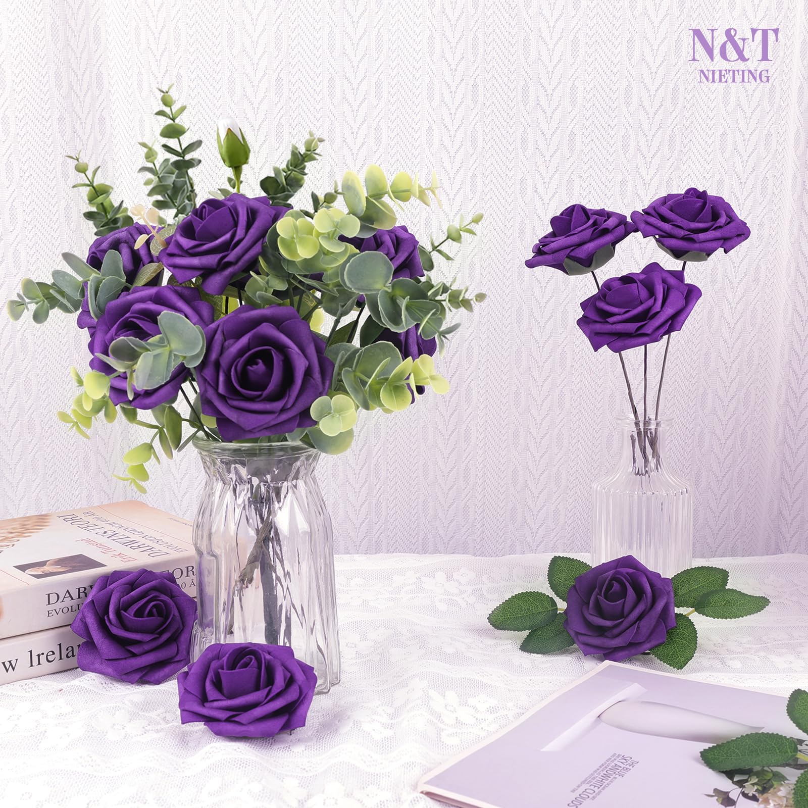 N&T NIETING Artificial Flowers Roses, 25Pcs Real Touch Fake Flower Roses with Stems - Image 2