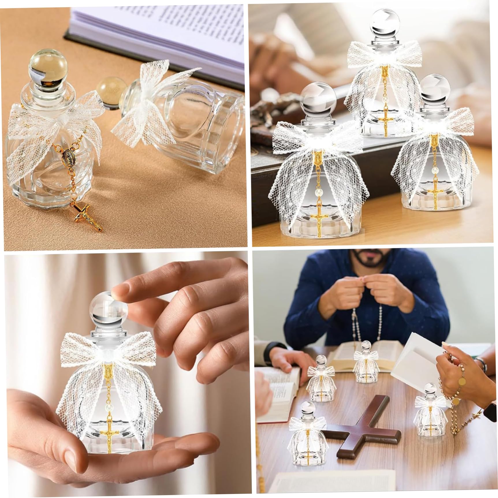 Weihwasserflaschen-Set mit 12 eleganten Glasflaschen mit Kreuzarmband und Spitzenschleife für Taufe, Gastgeschenke, Kommunion, Kirche, Hochzeit
