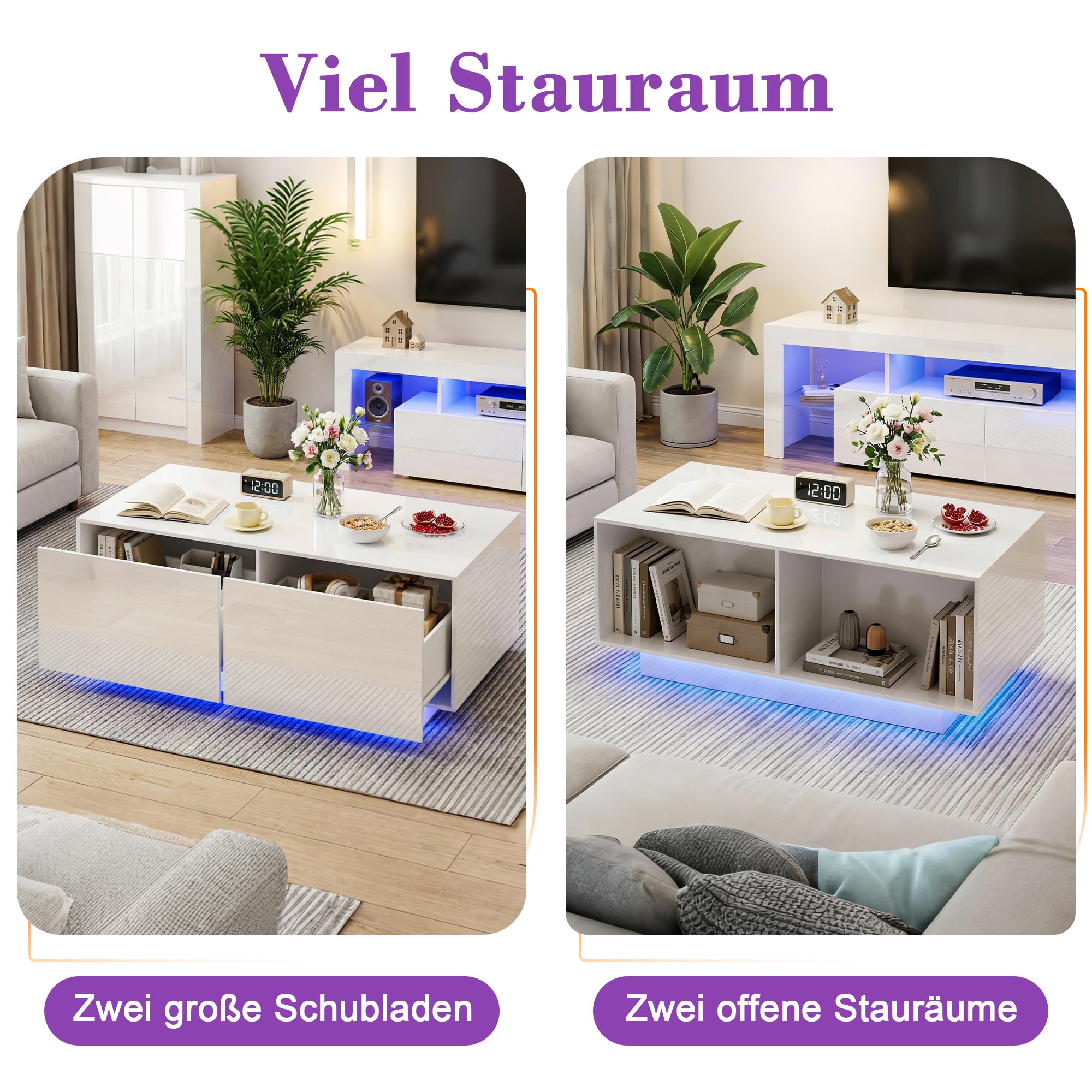 Couchtisch mit Schublade und Offenem Fach, Couchtisch Weiß Hochglanz mit LED-Beleuchtung, Wohnzimmertisch Weiß mit Stauraum, 100 x 50 x 40 cm