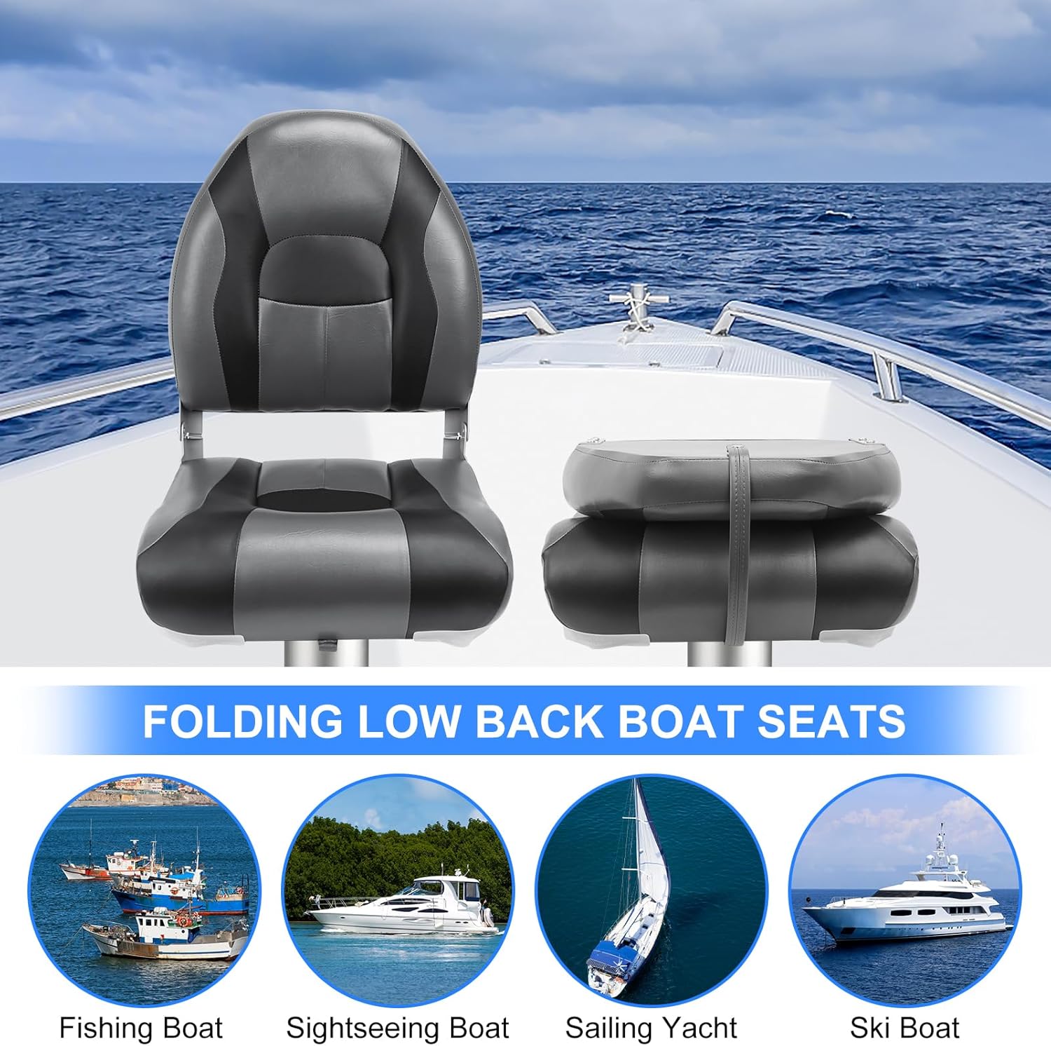Marine High Back Boat Seats, High Back Folding Boat Seat, Waterproof Captain Fishing Seat with Mounting Screws, Folding Seats Portable with Thick Soft Cushion 2pack