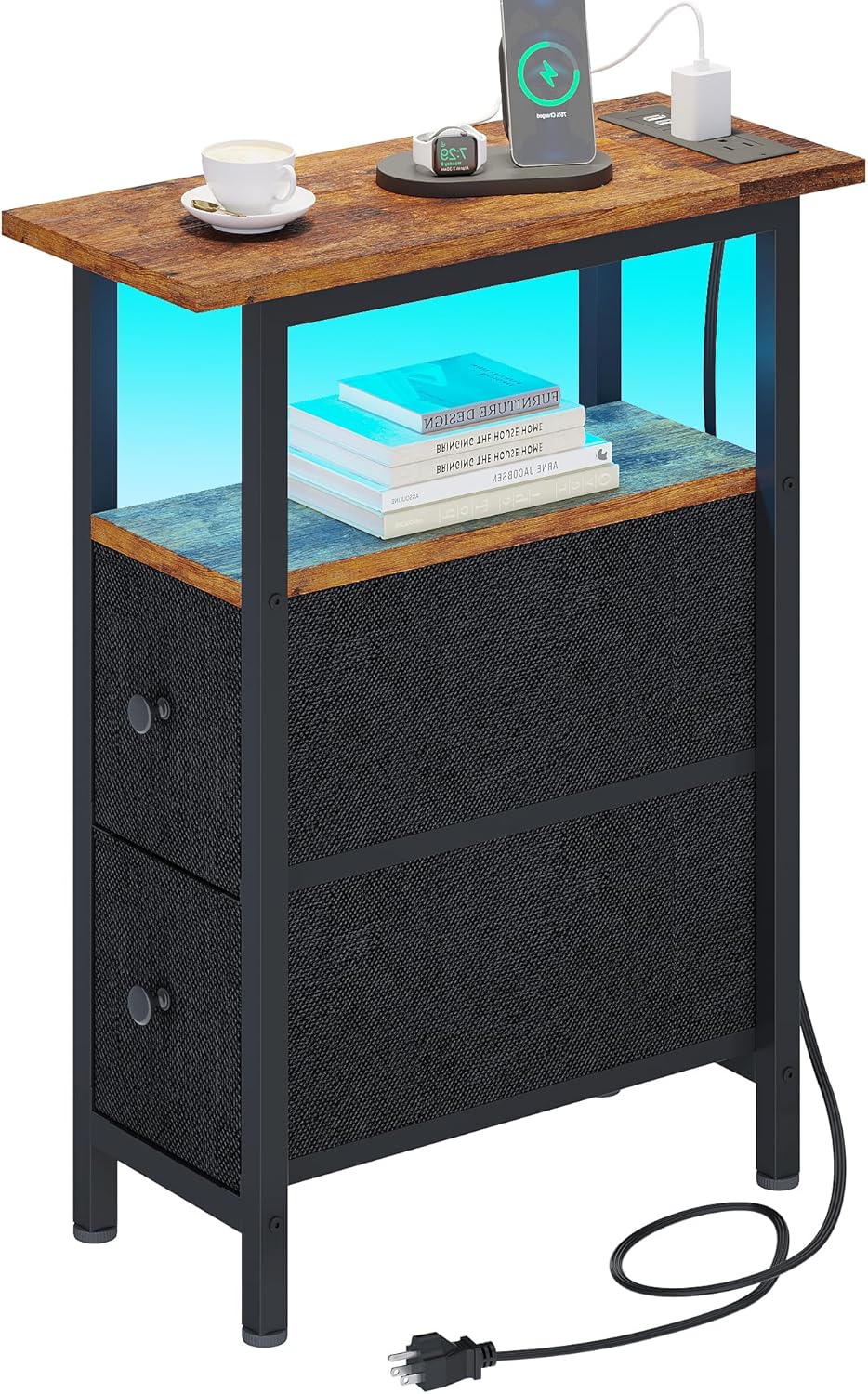 End Table with Charging Station, Narrow Side Table with 2 Fabric Drawers, Skinny Nightstand with LED Light, Slim Bedside Table for Bedroom, Living Room, Small Spaces, Rustic Brown and Black 2 Drawers Rustic Brown + Black 1