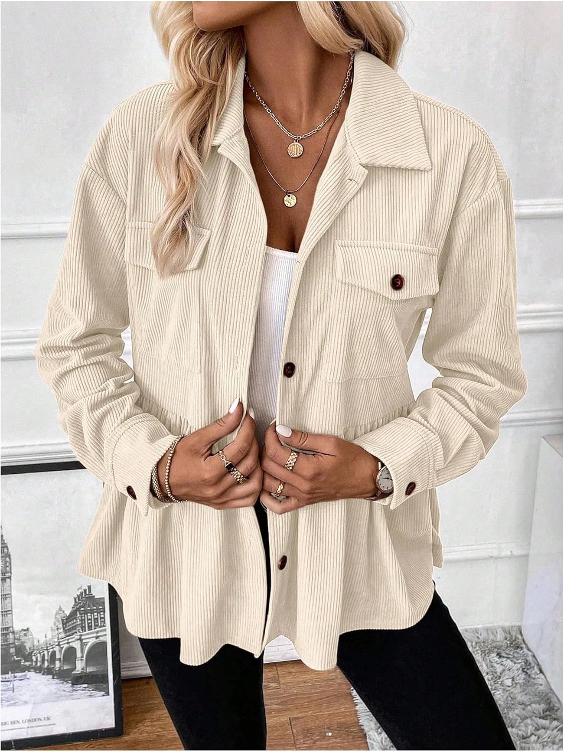 WDIRARA Women's Corduroy Jacket Long Sleeve Button Down Ruffle Babydoll Jackets Shackets - Image 2