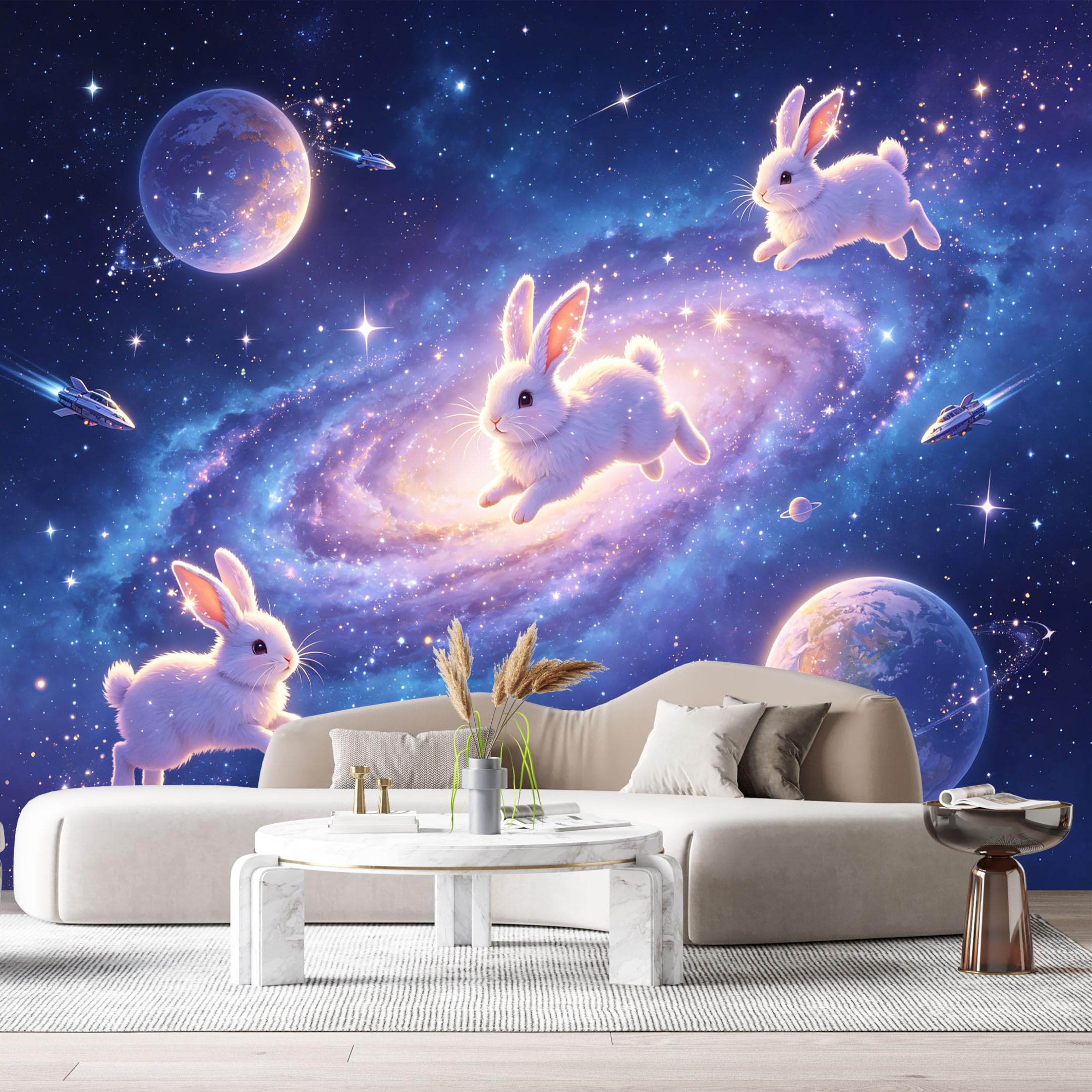 Custom Size Wall Murals Cosmic Galaxy Watercolor Rabbits Space Fantasy Stars Planets SelfAdhesive Wall Fabric Removable Large Wallpaper for Photo Living Room