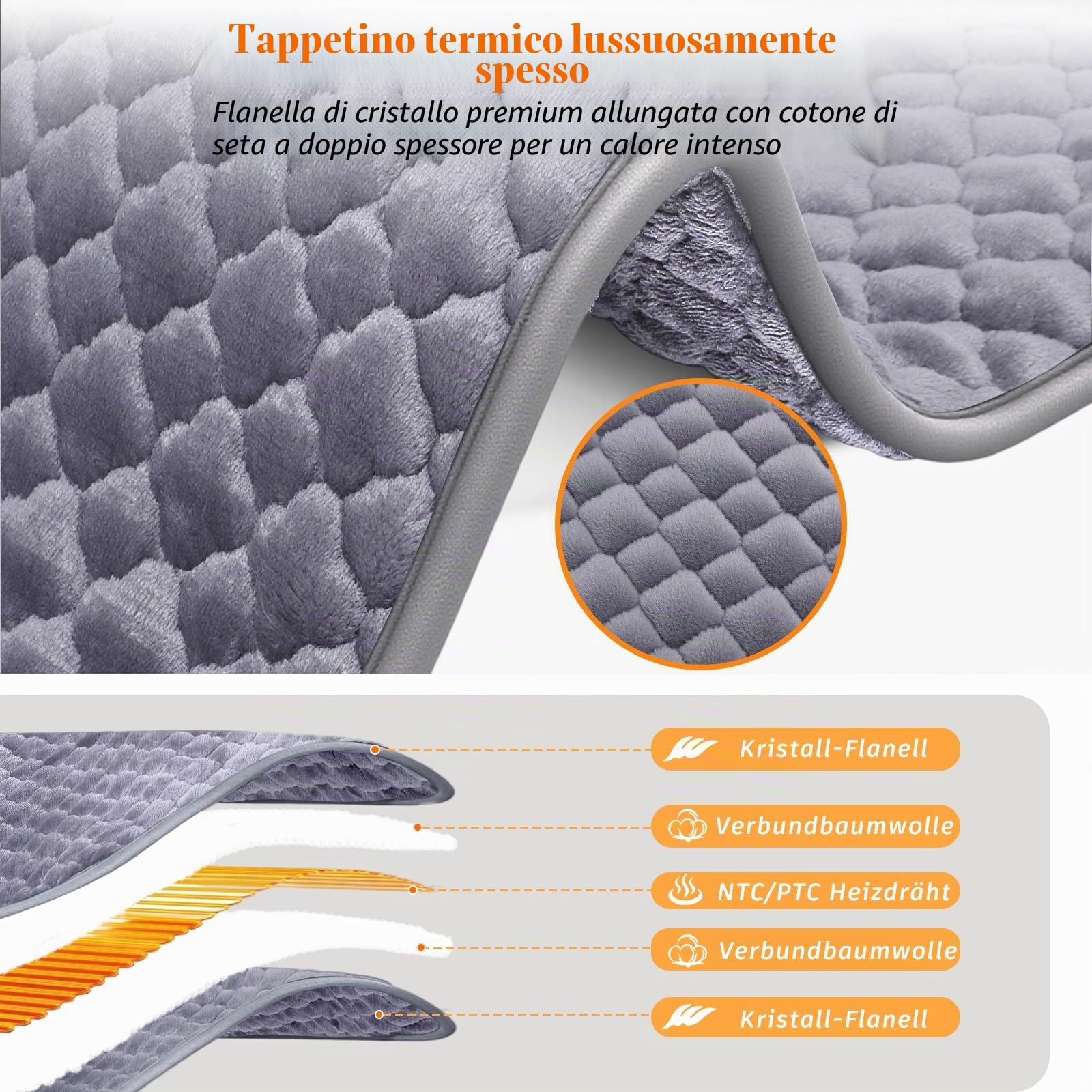 Cuscino riscaldante con spegnimento automatico, 80 x 42 cm, cuscino riscaldante Cervicales XXL con livelli di riscaldamento 25 – 55 °C, timer 1 – 12 H, flanella cristallo allungato, cotone di seta