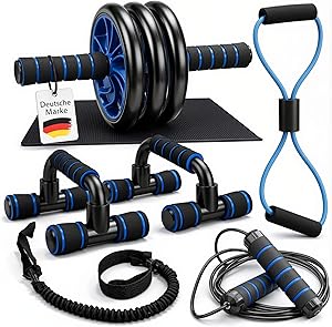 🎫🎫 DOUBLE COUPON! Abdominal Roller 7-in-1 Fitness Set AB Wheel Push Up Bars Jump Rope Resistance Band Foot Straps Abdominal Trainer for Home Calisthenics Equipment, Sports Equipment Home Gym Equipment