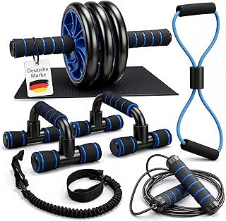 Bauchroller 7-in-1 Fitness Set AB Wheel Liegestützgriffe Push Up Bars, Springseil, Widerstandsband, Fußschlaufen Bauchtrainer für Zuhause Calisthenics Equipment, Sportgeräte Zuhause Home Gym Equipment
