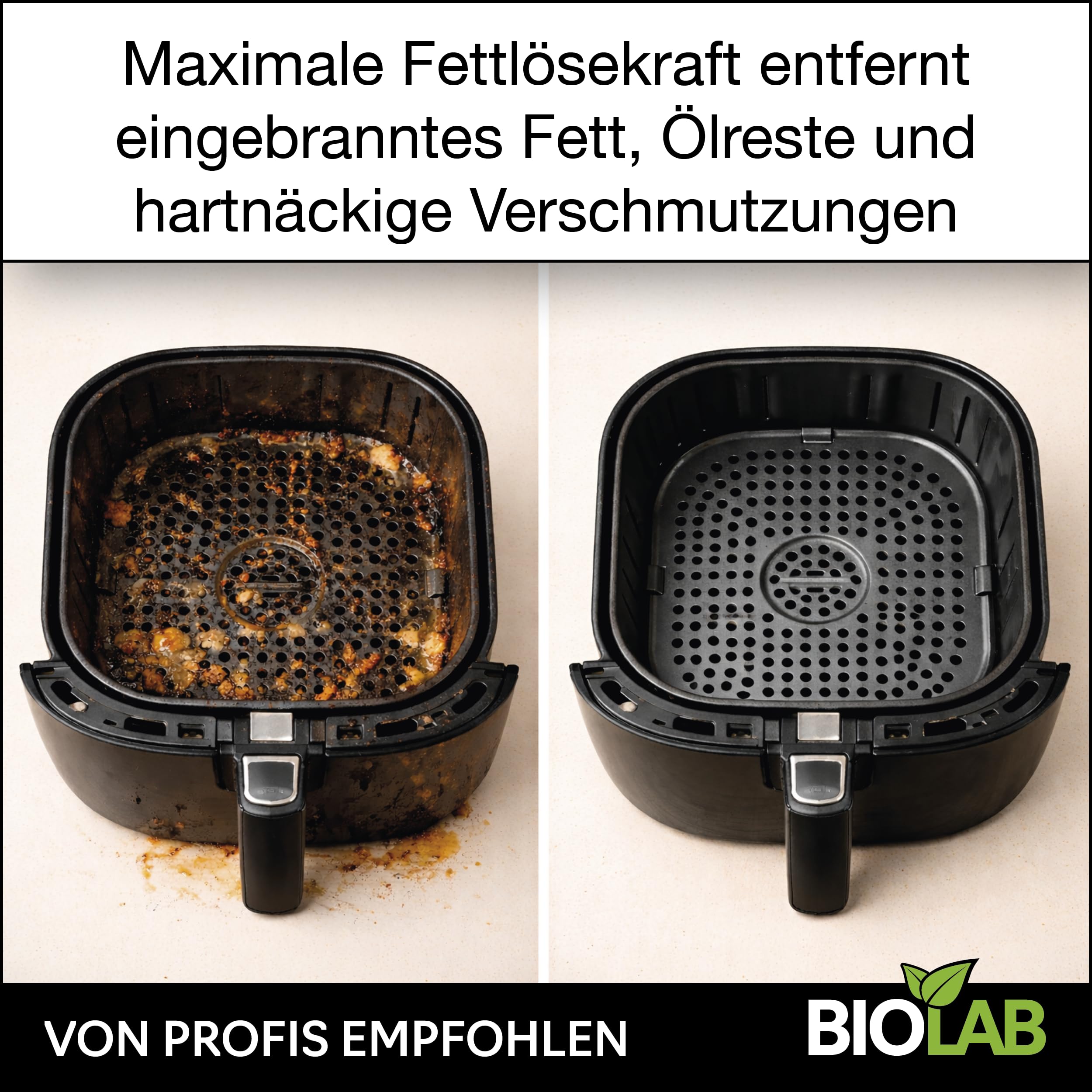 BIOLAB Aerosol limpiador Airfryer (750 ml) y limpiador concentrado (1000 ml) fuerte desengrasante para freidora de aire y freidora de aire caliente, elimina la grasa y el aceite quemados, suave para
