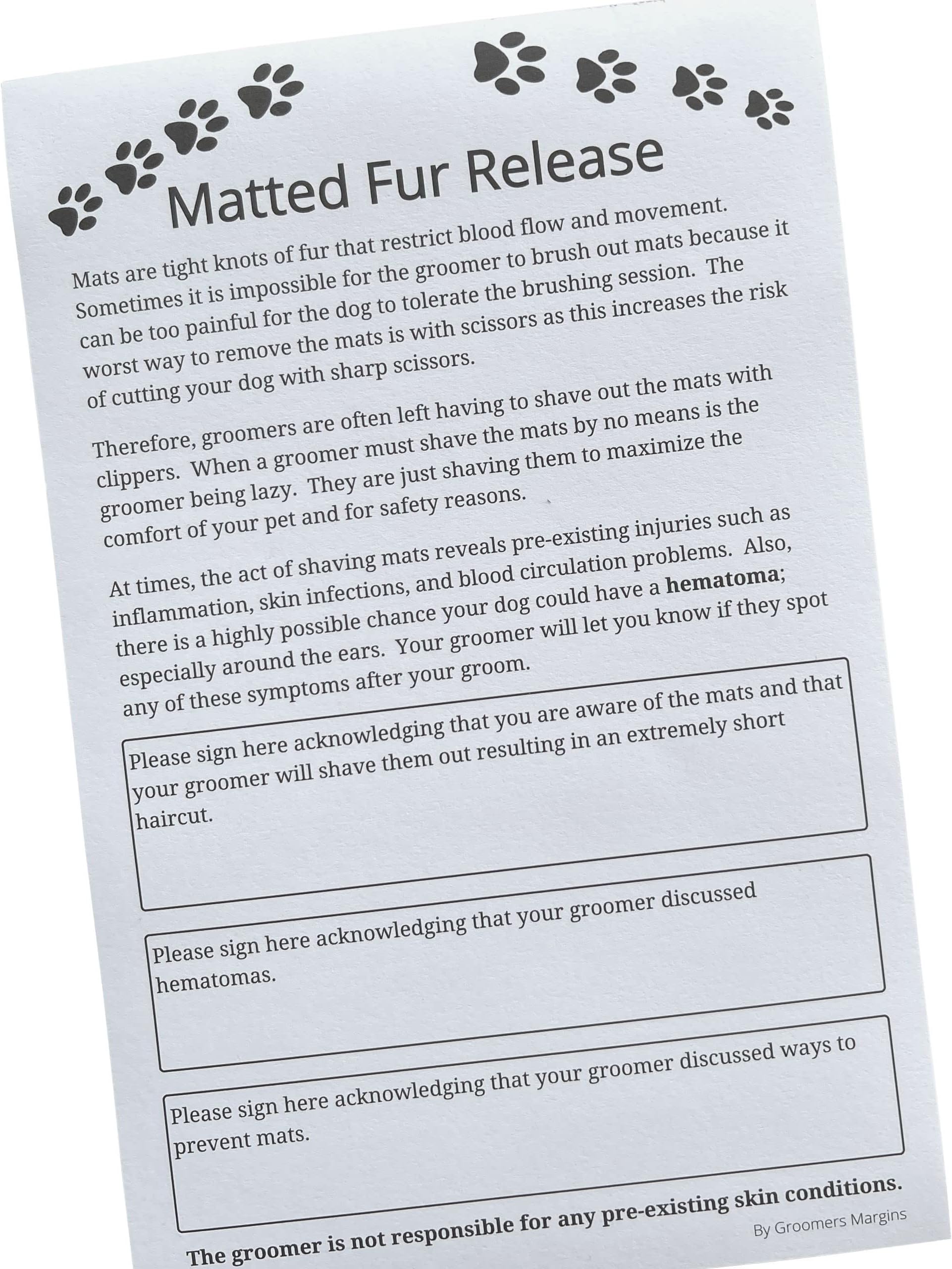 Matted Fur Release Forms for Dog Grooming Salons (Pad of