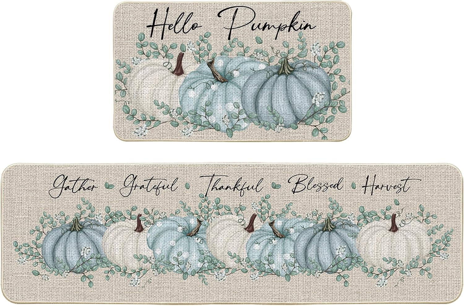 Artoid Mode Hello Pumpkin Eucalyptus Fall Kitchen Mats Set of 2, Thanksgiving Home Decor Low-Profile Kitchen Rugs for Floor - 17x29 and 17x59 Inch