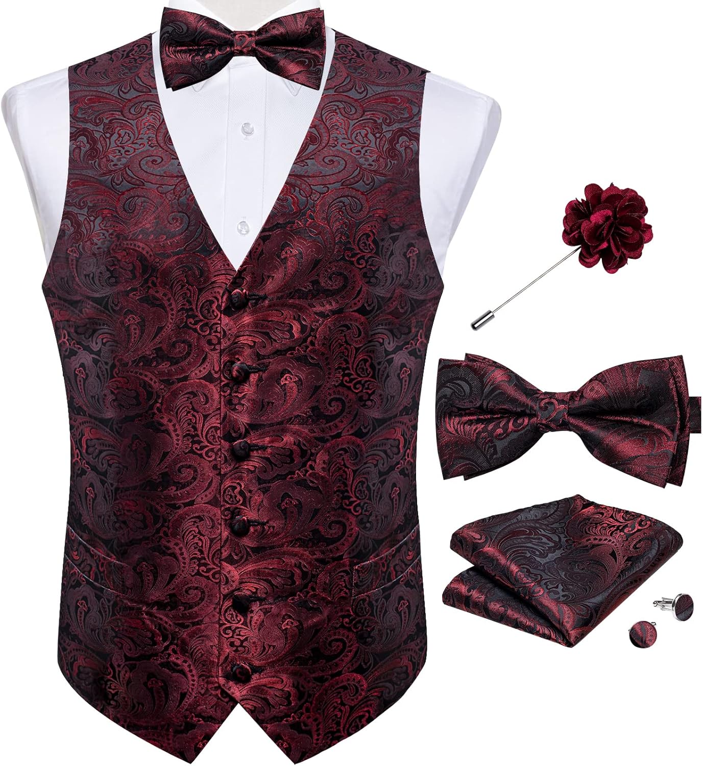 DiBanGu Mens Paisley Suit Waistcoat,Silk Dress Vest and Bowtie Pocket Square Cufflinks with Lapel Pin Set for Wedding Tuxedo