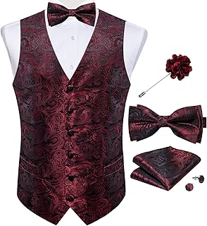 Mens Paisley Waistcoat,6PCS Silk Dress Suit Vest and Bowtie Pocket Square Cufflinks Lapel Pin Set for Suit or Tuxedo